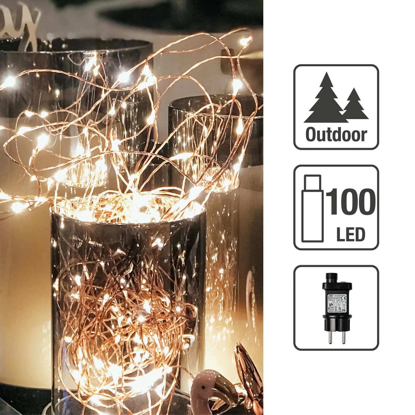 LED-Kupferkabel-Lichterkette, 100 LEDs ww, Timer, Außen-Transformator