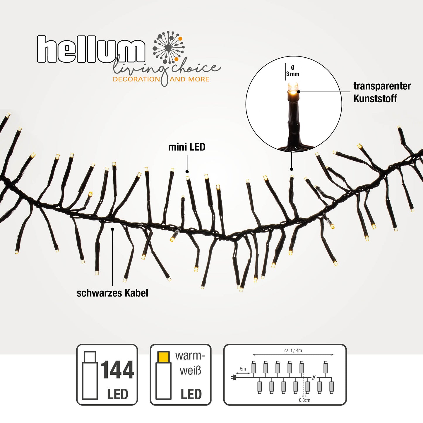 Hellum LED Cluster Lichterkette, 144 LED, beleuchtet 1,14m, warmweiß, 8 Funktionen, mit Timer, für außen 578461