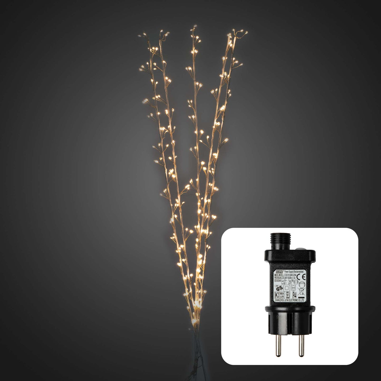 LED-Cluster-Zweige, 300 LEDs ww,  H: 120cm, 5 Zweige, 5m Zuleitung, mit Timer, Innen-Trafo