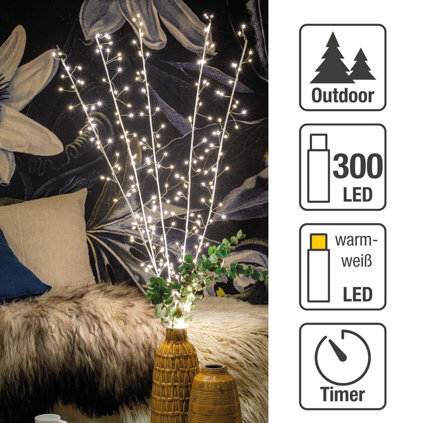 LED-Cluster-Zweige, 300 LEDs ww,  H: 120cm, 5 Zweige, 5m Zuleitung, mit Timer, Innen-Trafo