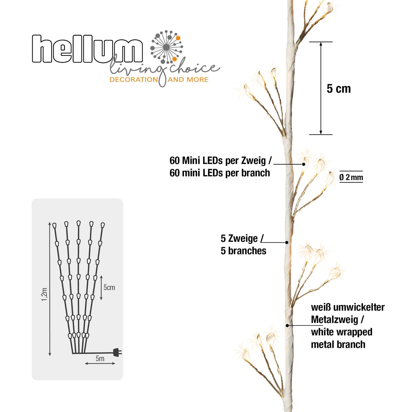 LED-Cluster-Zweige, 300 LEDs ww,  H: 120cm, 5 Zweige, 5m Zuleitung, mit Timer, Innen-Trafo