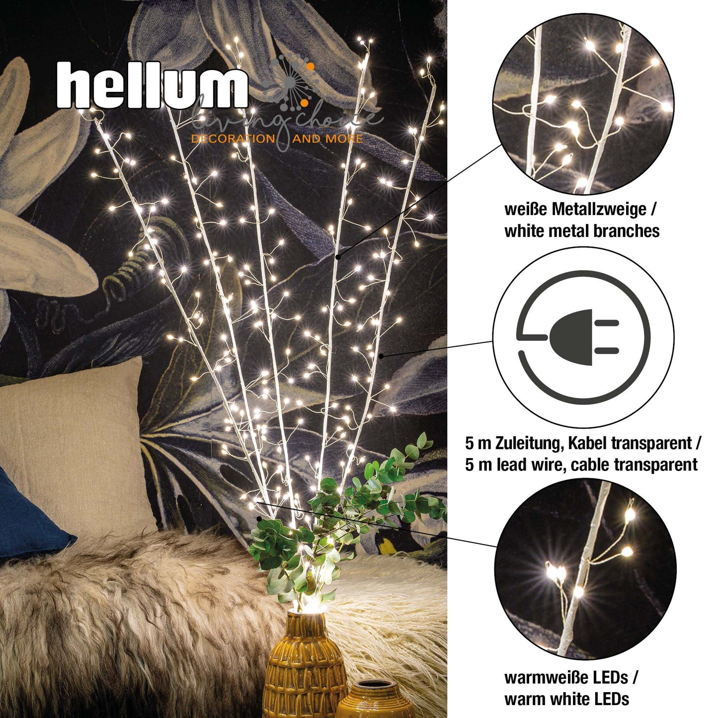 LED-Cluster-Zweige, 300 LEDs ww,  H: 120cm, 5 Zweige, 5m Zuleitung, mit Timer, Innen-Trafo