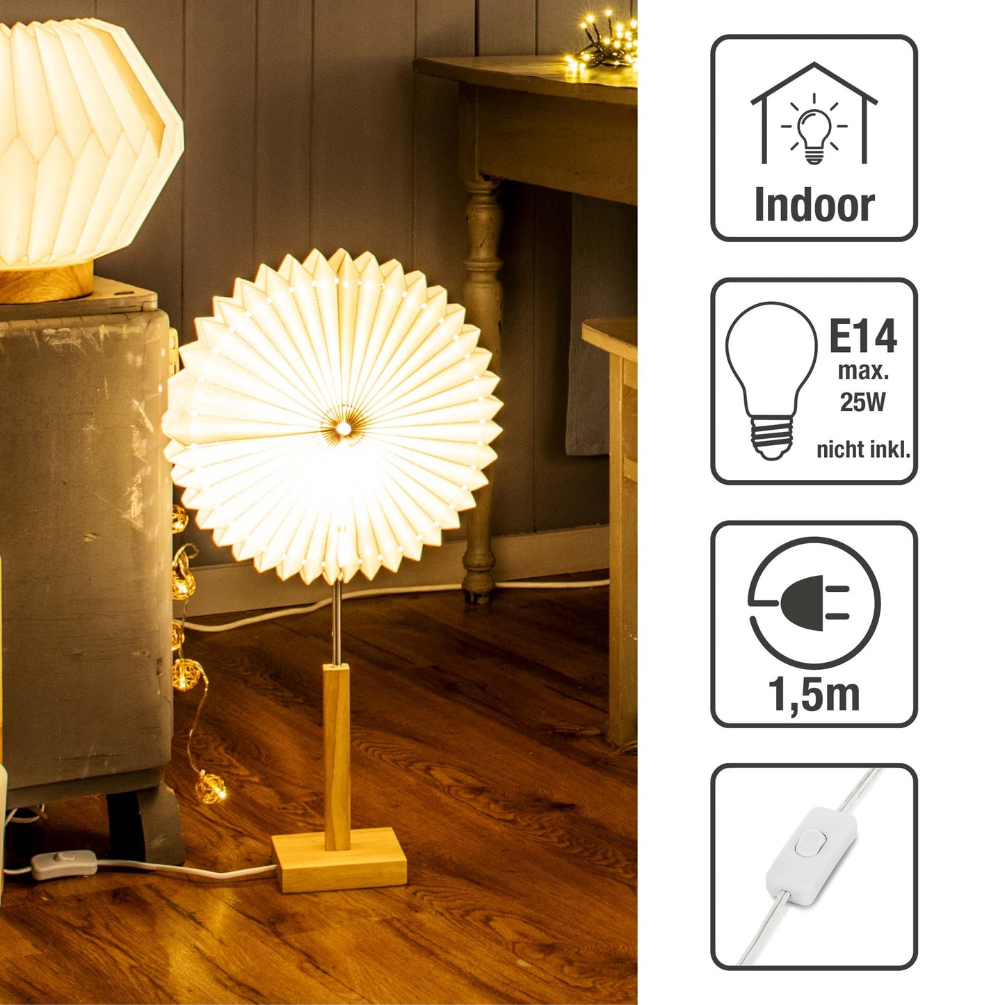 Papierlampe weiß, mit Holzstandfuß, "Sunny" ø 30 cm, E14, ohne Lampe