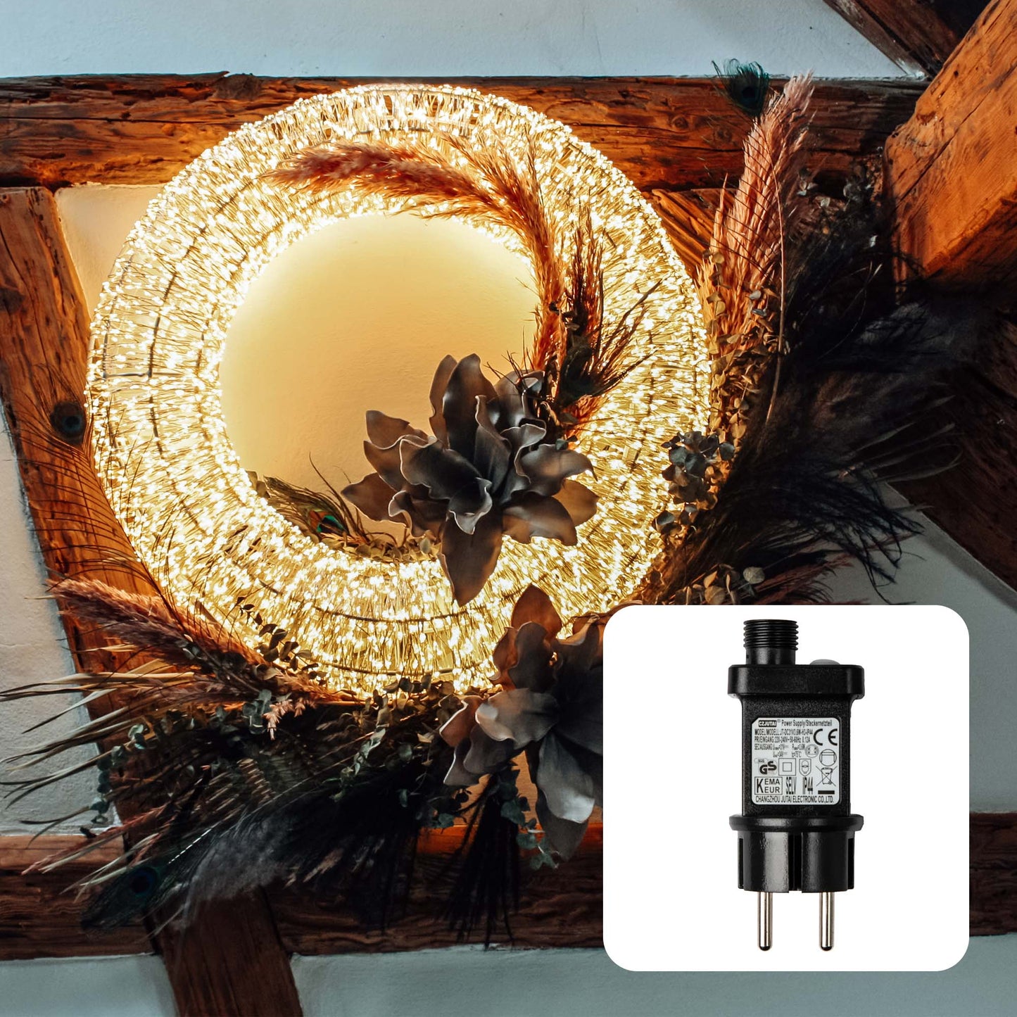 B-Ware LED-Kranz mit Lichterkette "Tauperlen", Ø70cm,7680 LEDs ww, Außen-Transformator