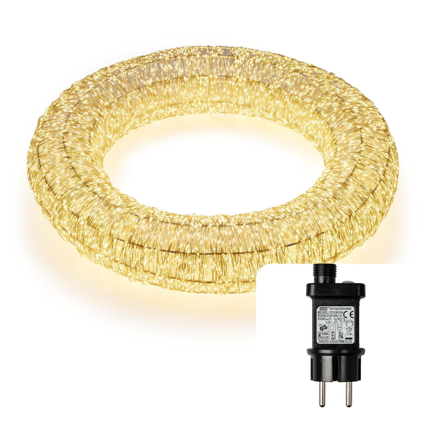 B-Ware LED-Kranz mit Lichterkette "Tauperlen", Ø70cm,7680 LEDs ww, Außen-Transformator