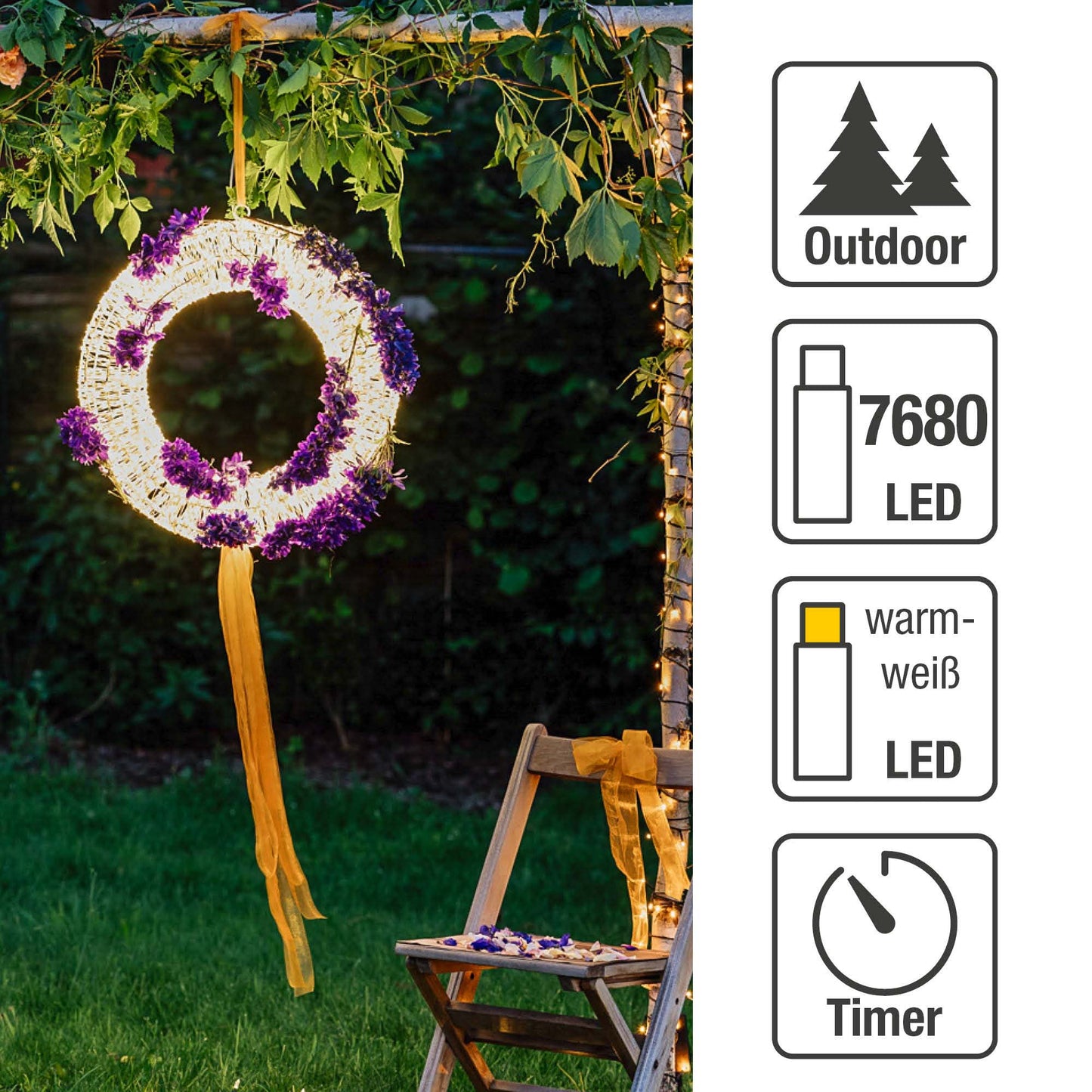 B-Ware LED-Kranz mit Lichterkette "Tauperlen", Ø70cm,7680 LEDs ww, Außen-Transformator