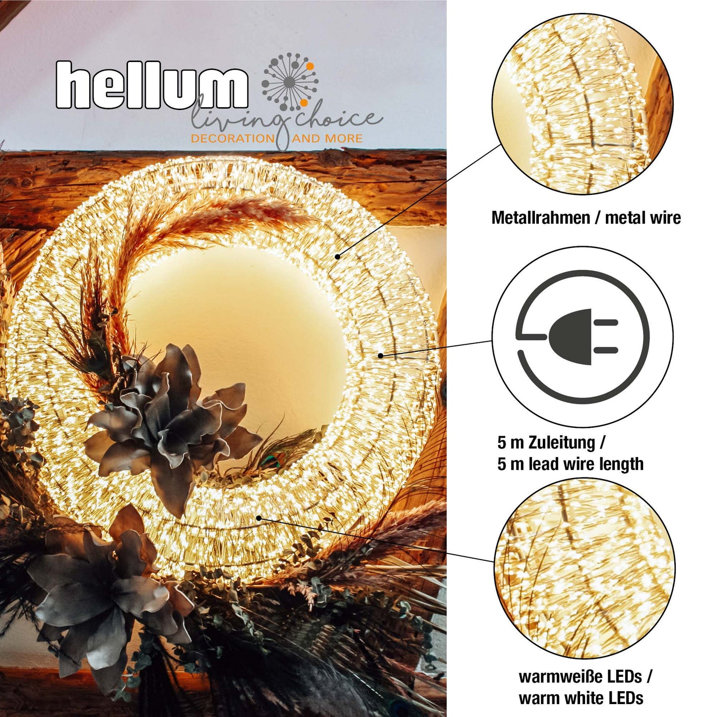 B-Ware LED-Kranz mit Lichterkette "Tauperlen",  Ø40cm, 2650 LEDs, warm-weiß, silbernes Kabel, Außen-Trafo