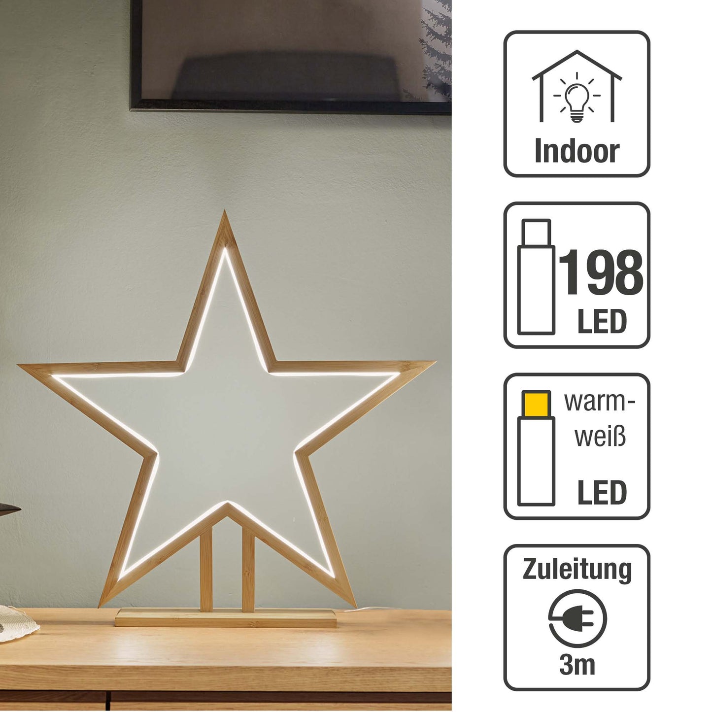 Stern aus Bambus, natur, Ø 50cm, mit LED-Neon Lichtschlauch, Innen-Transformator