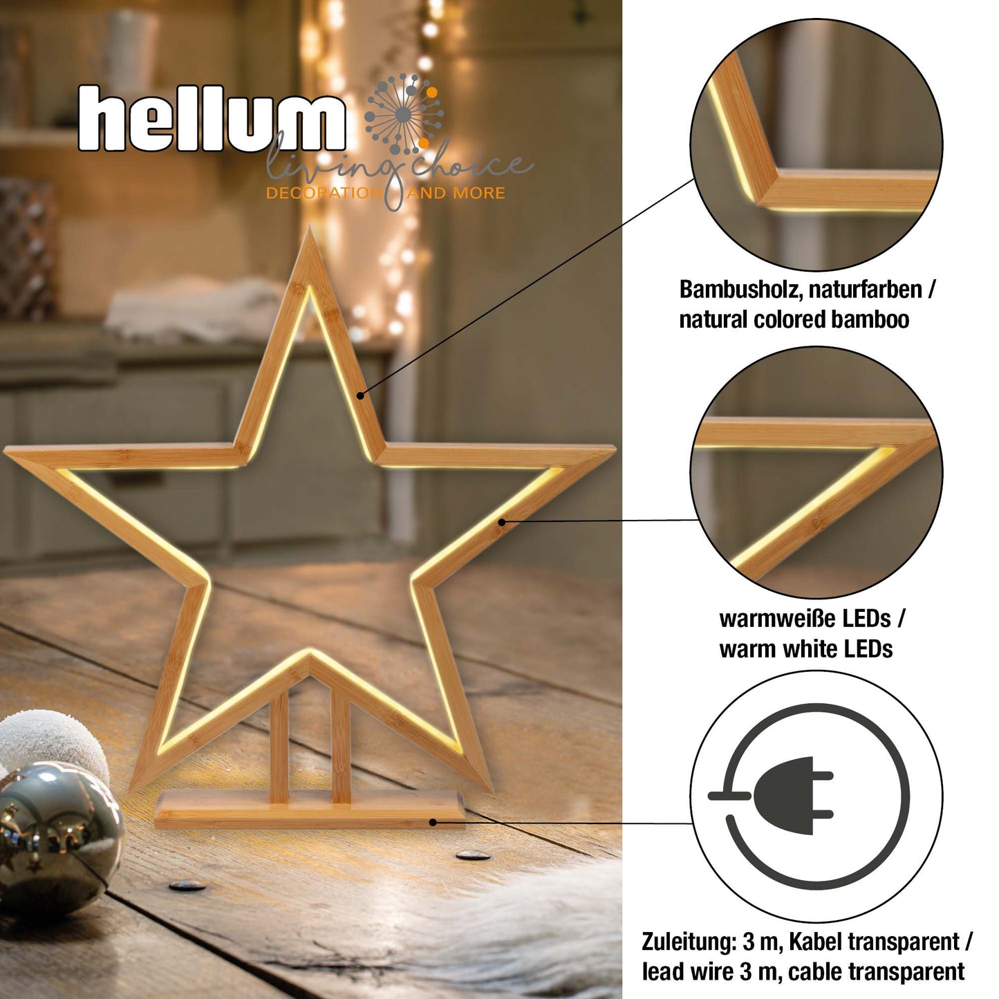 Stern aus Bambus, natur, Ø 50cm, mit LED-Neon Lichtschlauch, Innen-Transformator