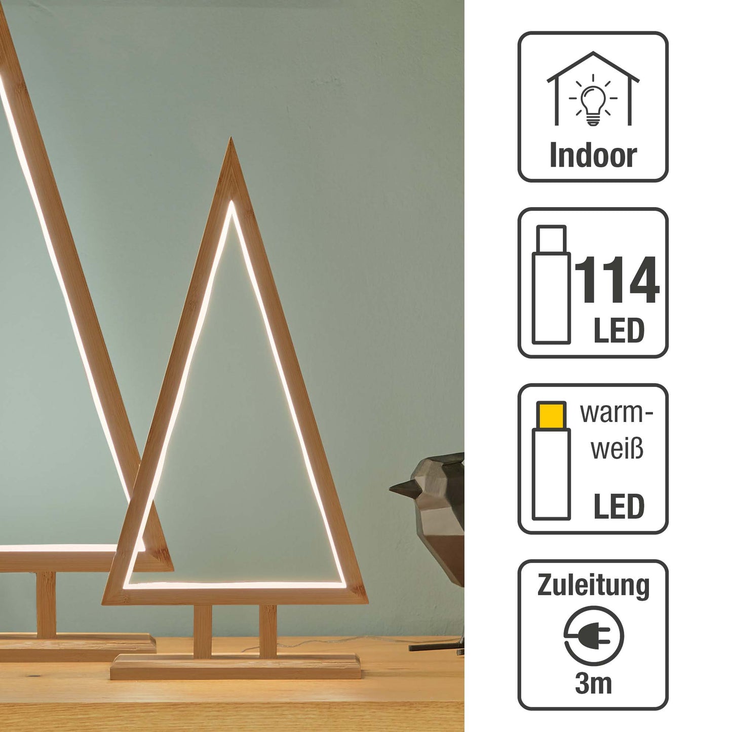 Pyramide aus Bambus, natur, H: 45cm, mit LED-Neon Lichtschlauch, Innen-Transformator