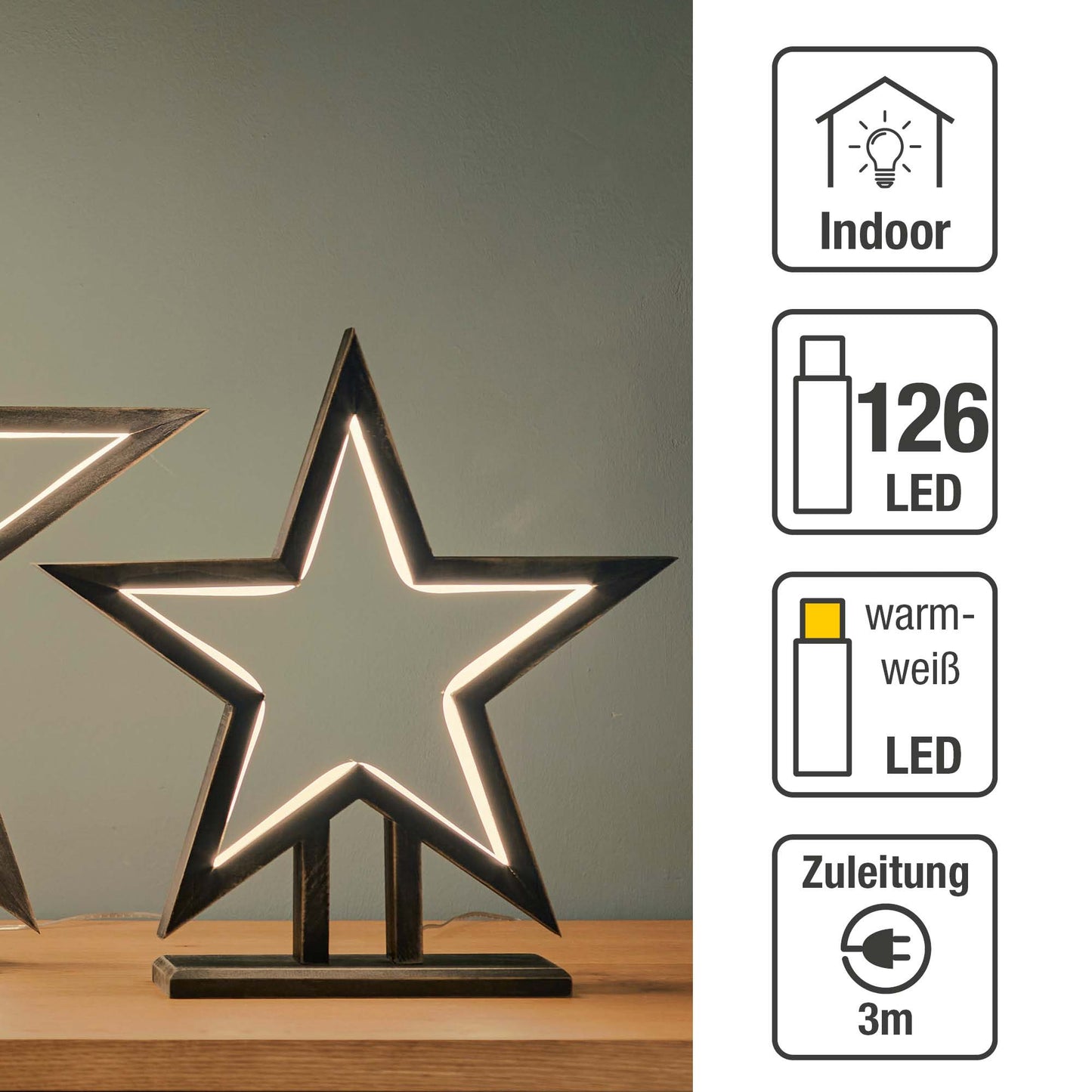 Stern aus Bambus, schwarz, Ø 35cm, mit LED-Neon Lichtschlauch, Innen-Transformator