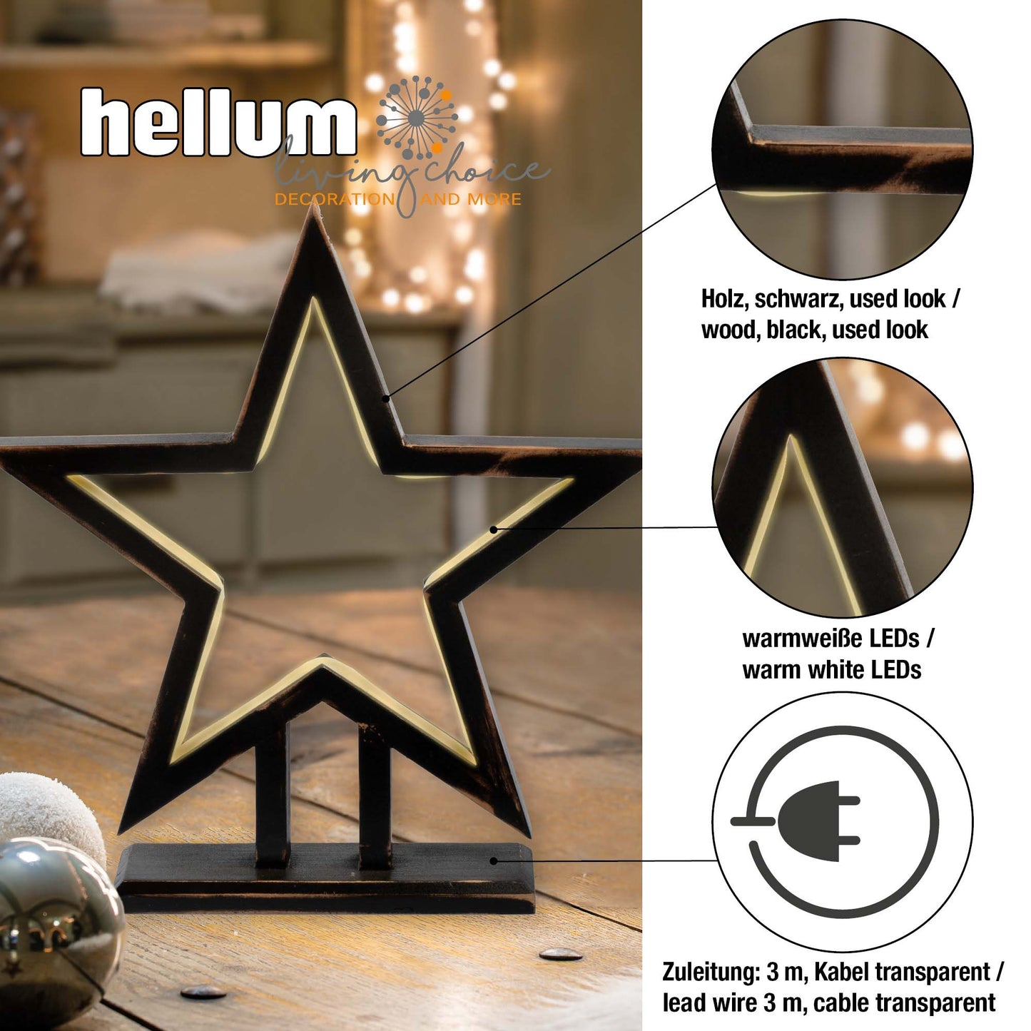 Stern aus Bambus, schwarz, Ø 35cm, mit LED-Neon Lichtschlauch, Innen-Transformator