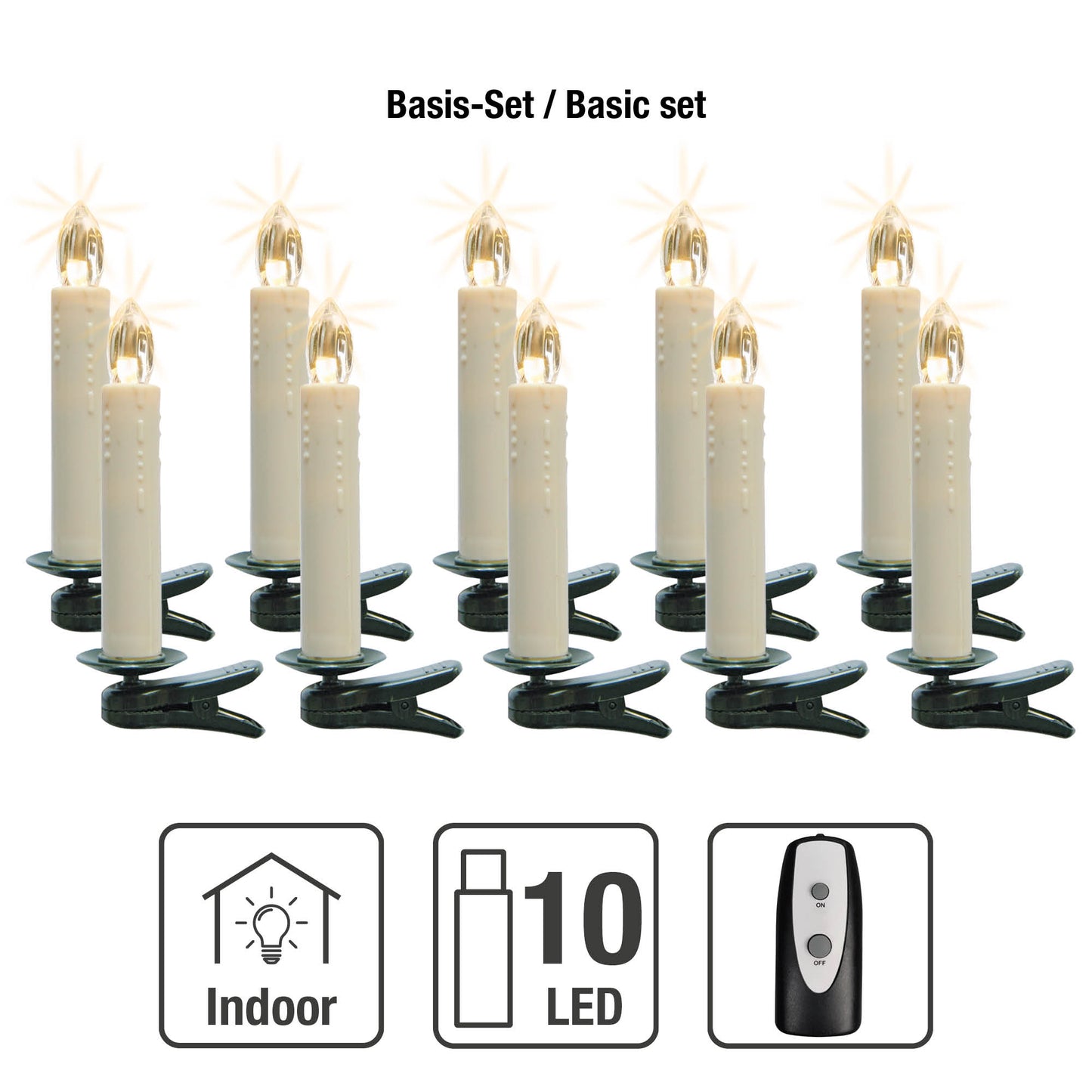 Kerzen kabellos, ww, 10er Basis-Set, klare Flamme, mit Infrarot FB, batteriebetrieben