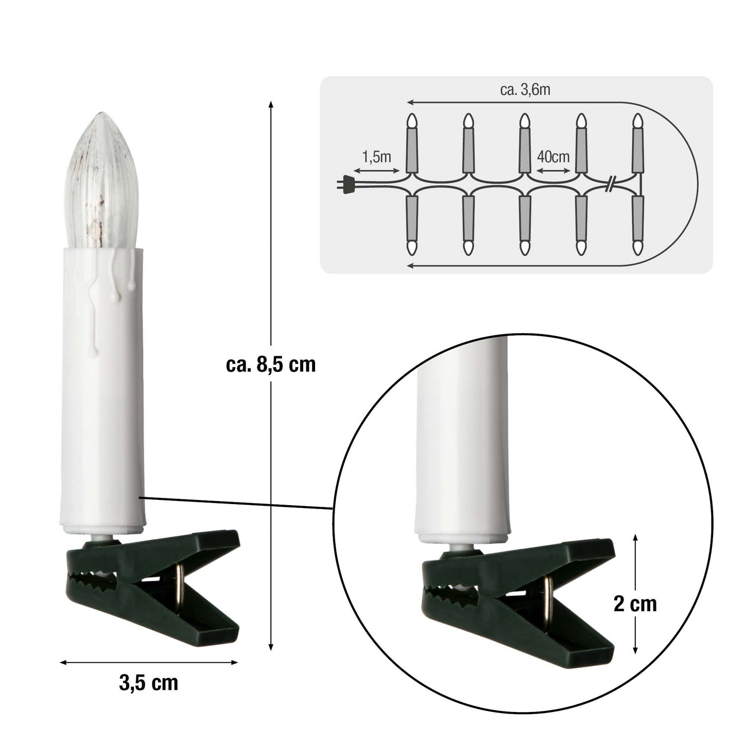 Hellum Kerzen Lichterkette Innen – 10 weiße LED-Kerzen mit Wachstropfenoptik, 3,6m beleuchtet, grün, Clip-Befestigung