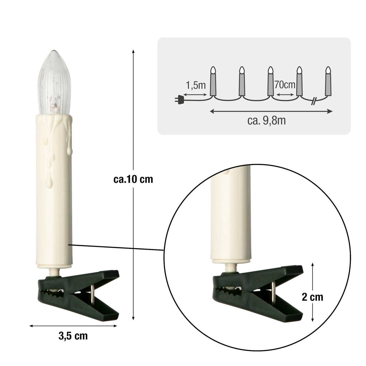 Hellum Lichterkette Weihnachtsbaum, 15 Christbaumkerzen in elfenbein mit Wachstropfen und Clip, Weihnachtsdeko, beleuchtete Länge 9.8m, Fassungsabstand 70cm, Kabelfarbe grün <59 Lumen 611533