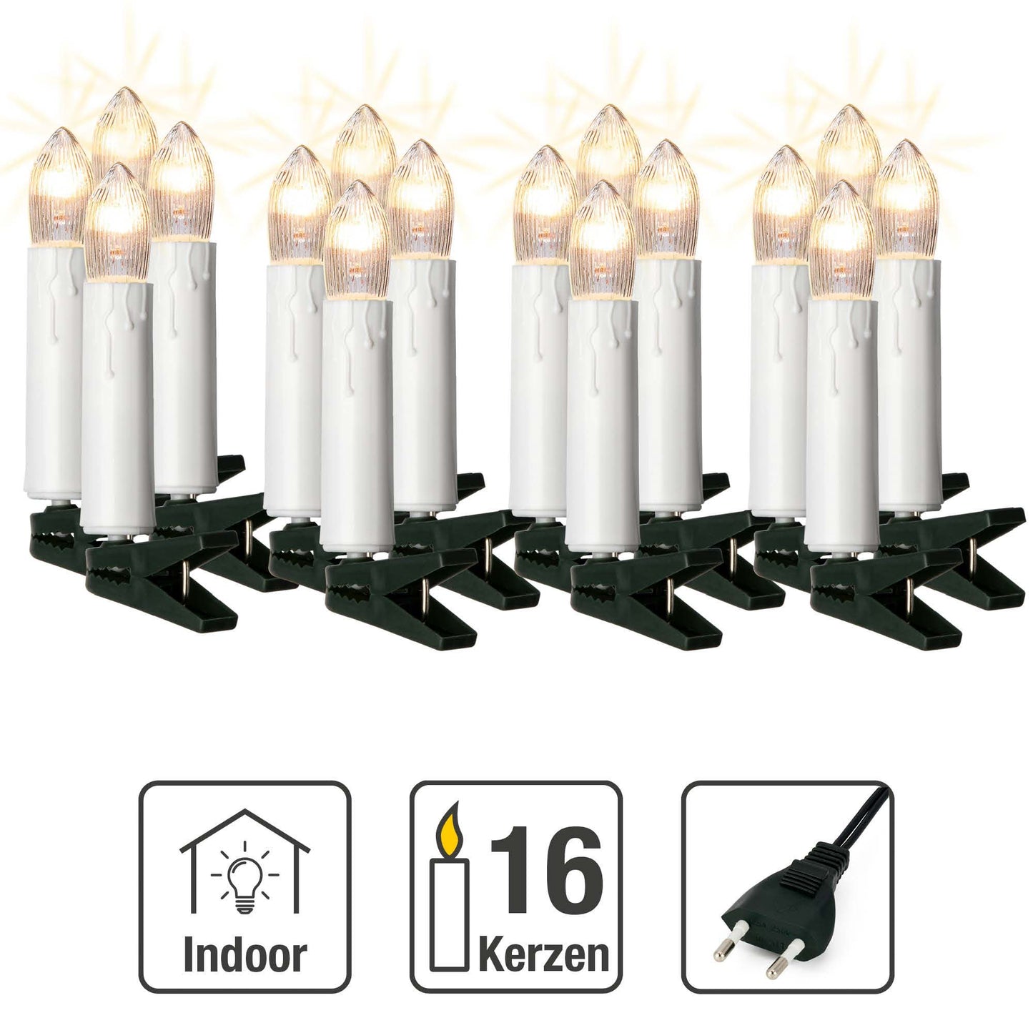 16-tlg. Riffelkerzenkette, mit Tropfen, klare Lampen, mit EU-Stecker, für innen