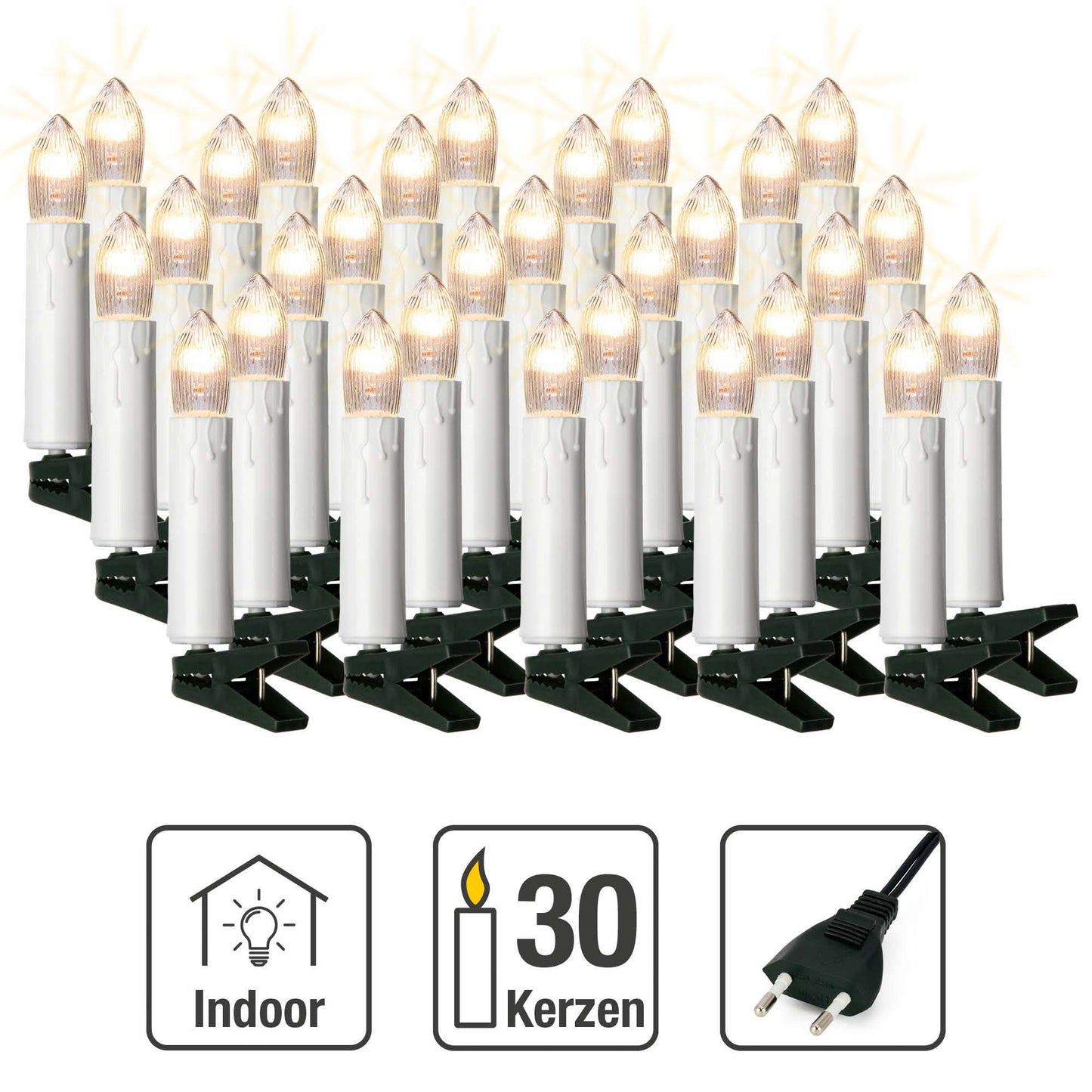 Hellum Weihnachtsbaum Lichterkette Innen – 30 weiße Kerzen mit Wachstropfenoptik, 11,6m beleuchtet, Clip-Befestigung, grün, Steckerbetrieb