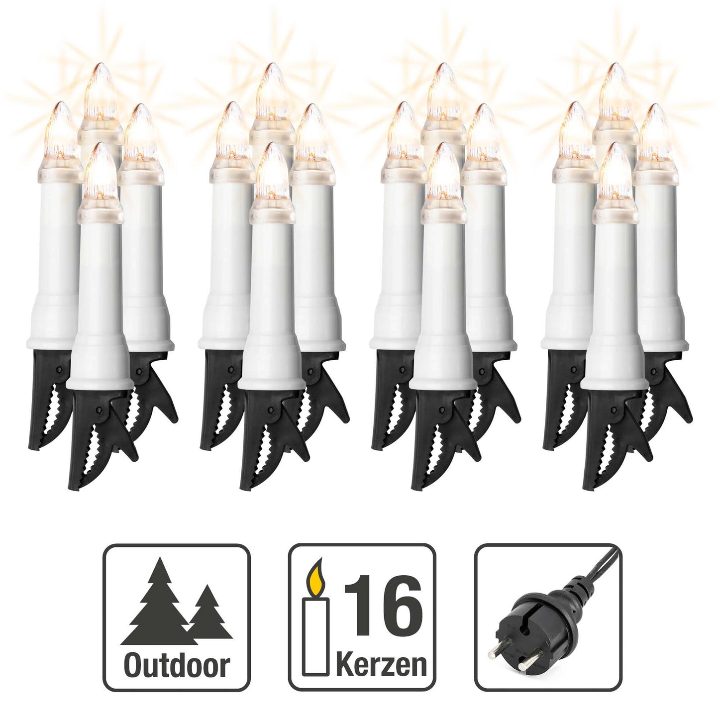 16-tlg. Riffelkerzenkette, klare Lampen, mit EU-Stecker, für außen 640168