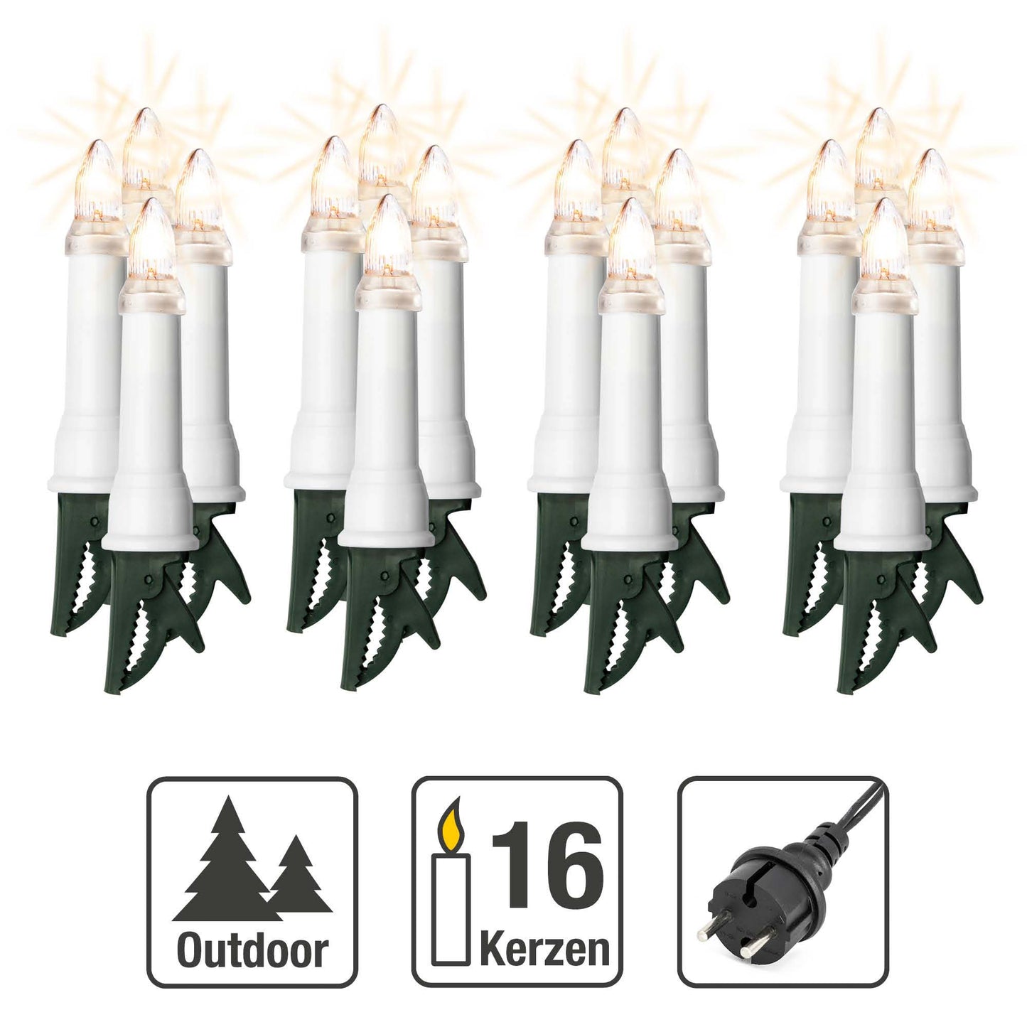 16-tlg. Riffelkerzenkette klare Lampen, für außen, mit EU-Stecker