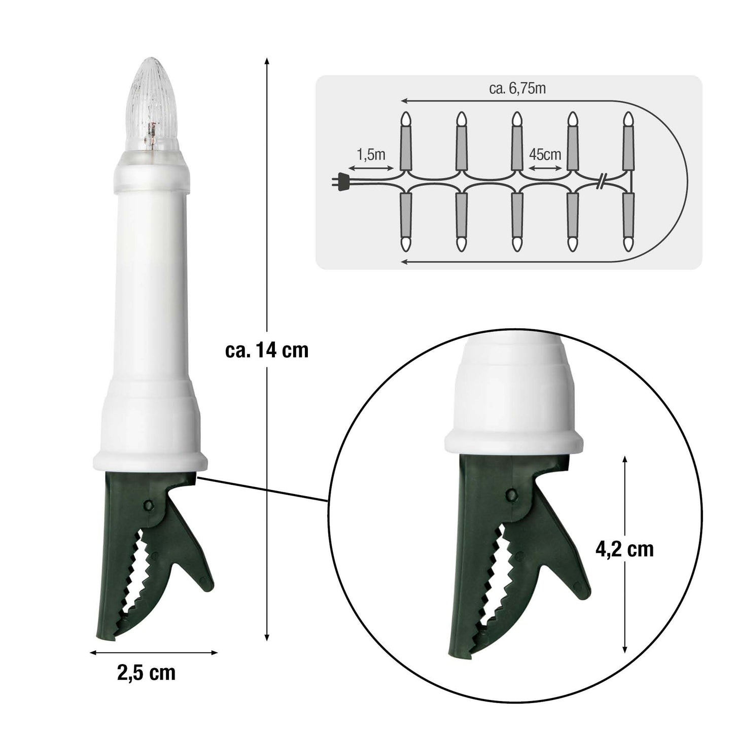 16-tlg. Riffelkerzenkette klare Lampen, für außen, mit EU-Stecker