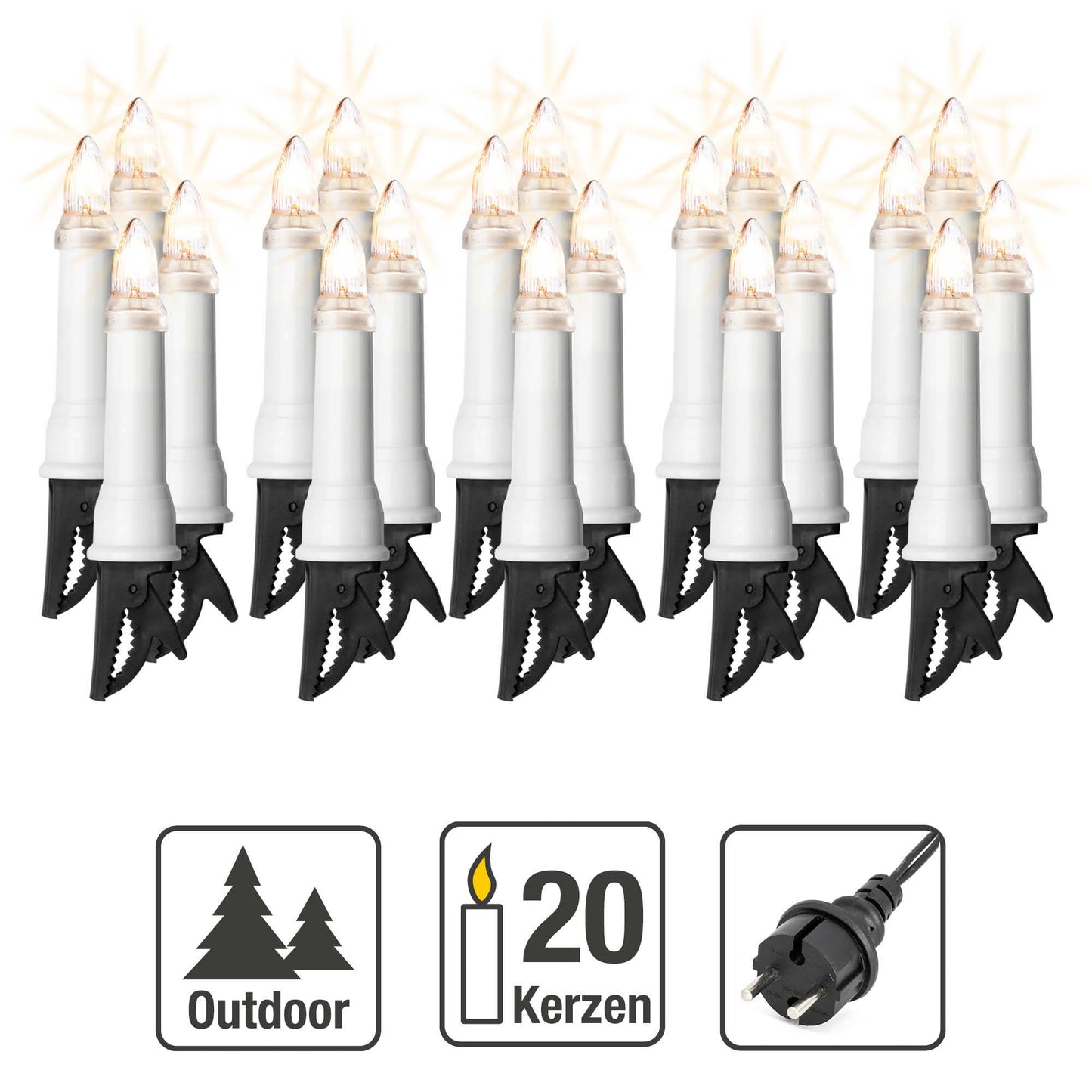 20-tlg. Riffelkerzenkette, klare Lampen, mit EU-Stecker, für außen