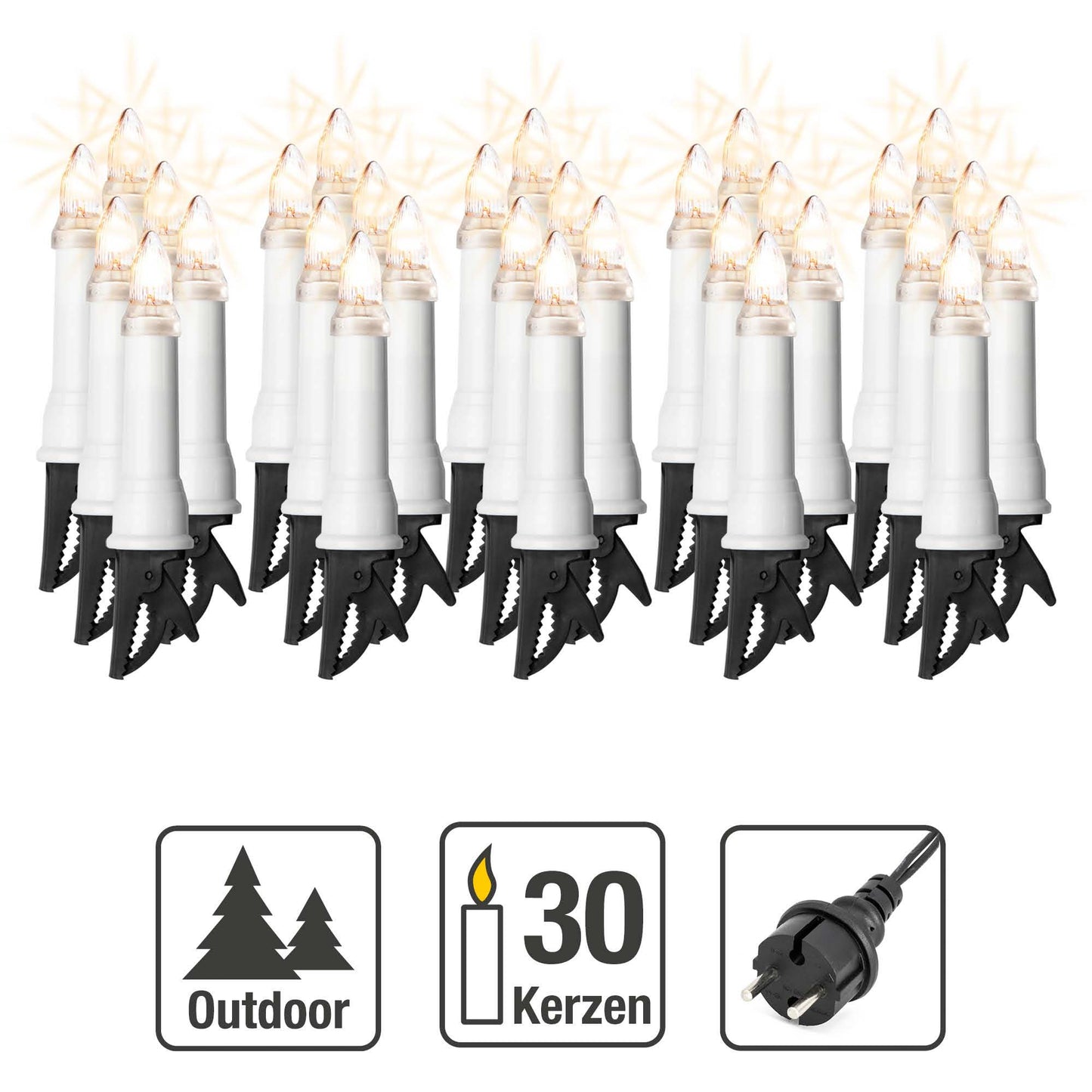 30-tlg. Riffelkerzenkette klare Lampen für außen, mit EU-Stecker