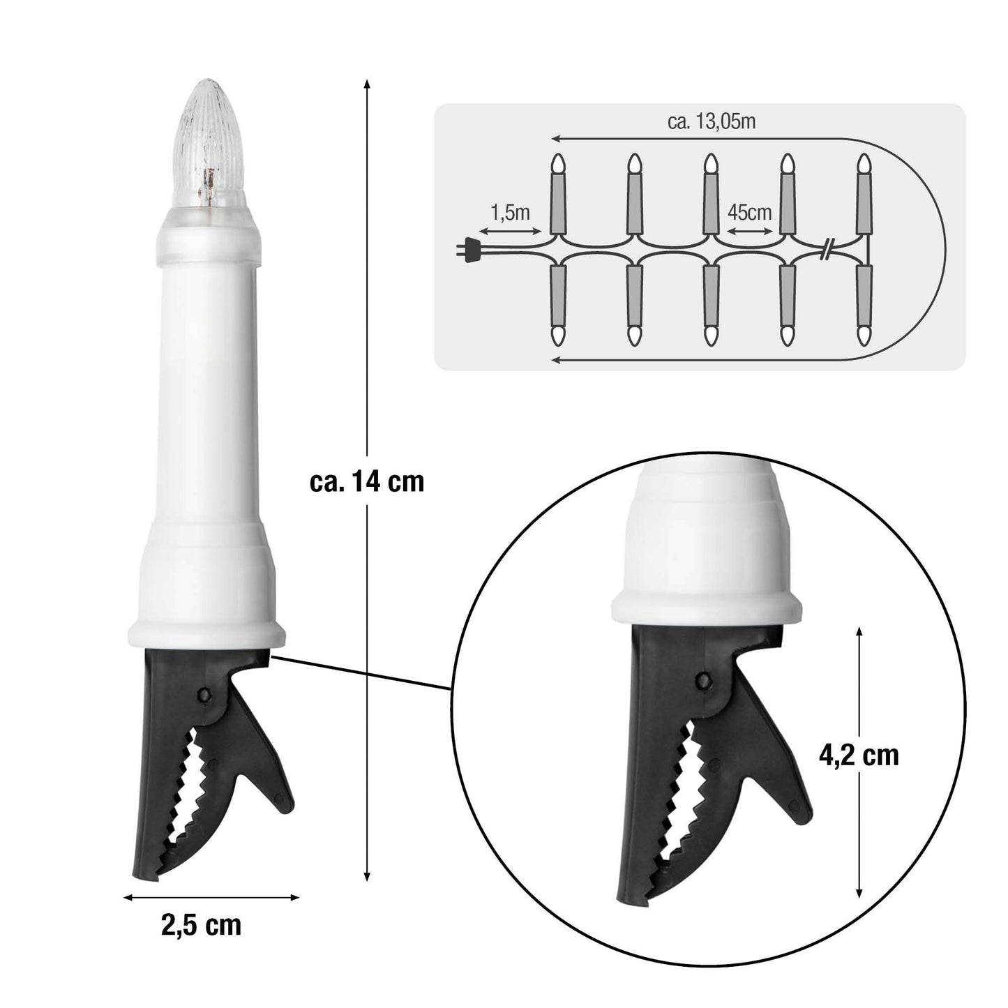 30-tlg. Riffelkerzenkette klare Lampen für außen, mit EU-Stecker