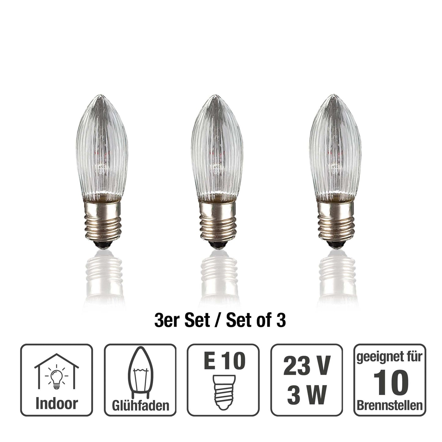 Ersatzkerzen Lichterkette 23V 3W für Lichterketten & Schwibbogen, 3 Stk Riffelkerzen E10 für 10 Brennstellen innen 717457