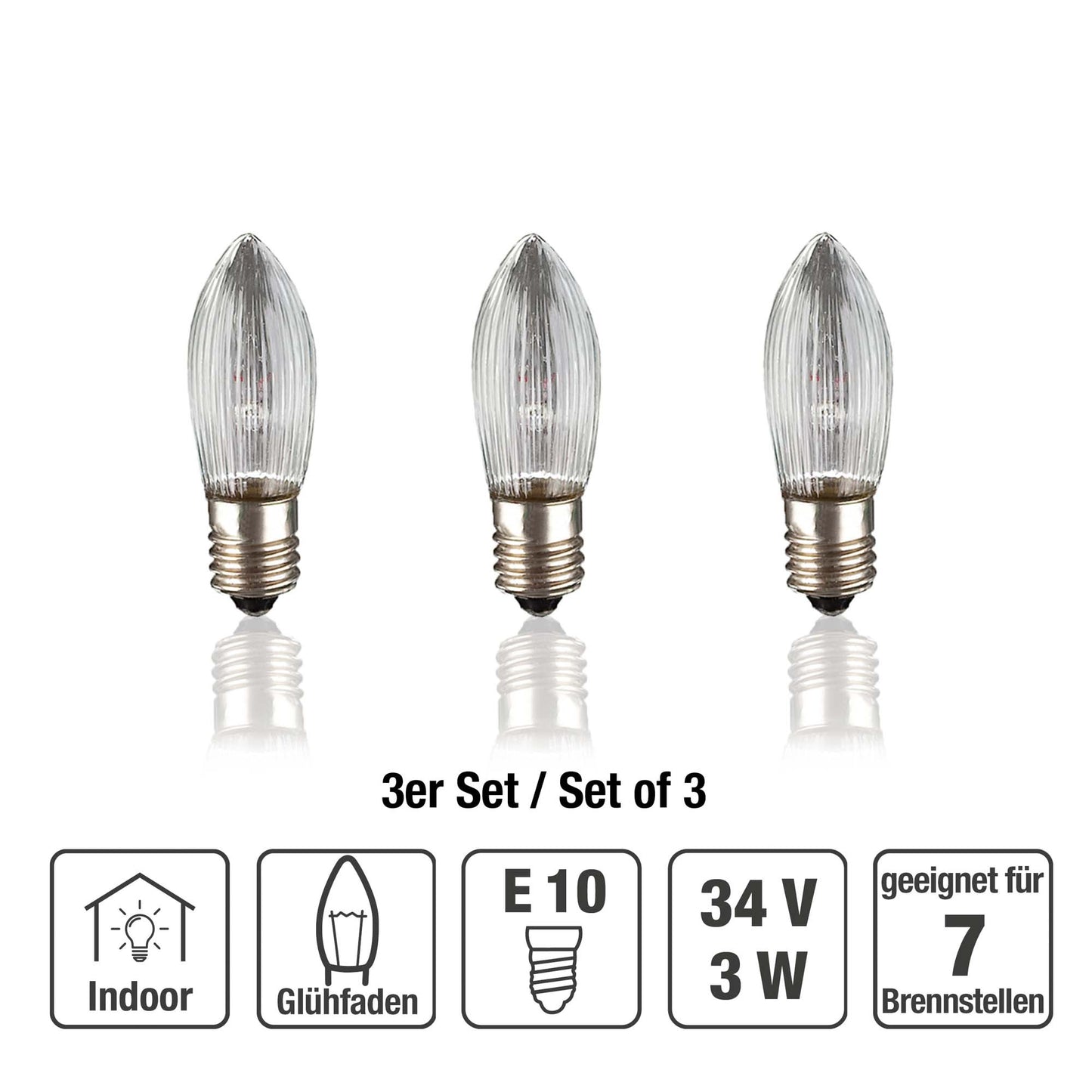 Ersatzkerzen Lichterkette 34V 3W für Lichterketten & Schwibbogen, 3 Stk Riffelkerzen E10 für 7 Brennstellen innen 718454