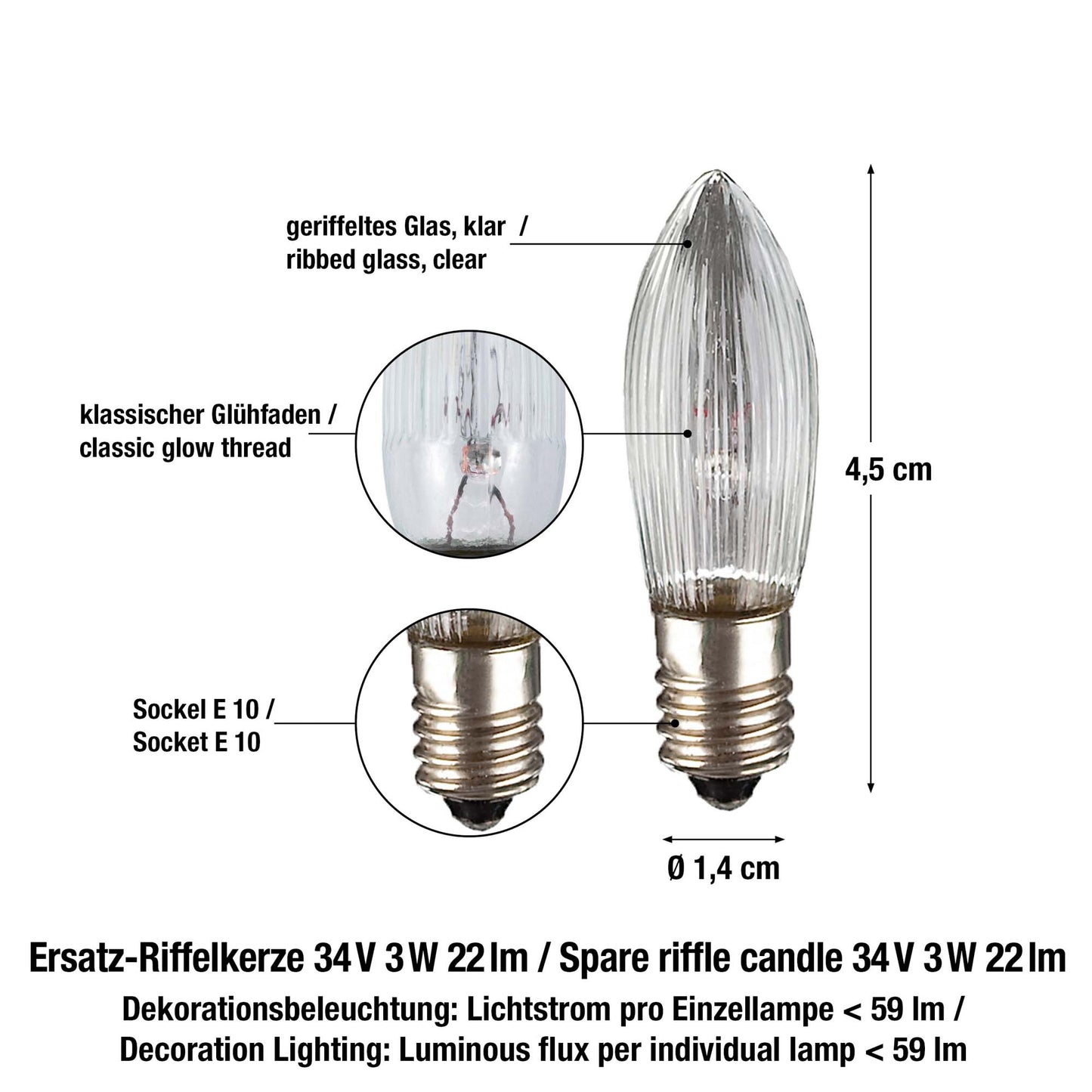 Ersatzkerzen Lichterkette 34V 3W für Lichterketten & Schwibbogen, 3 Stk Riffelkerzen E10 für 7 Brennstellen innen 718454