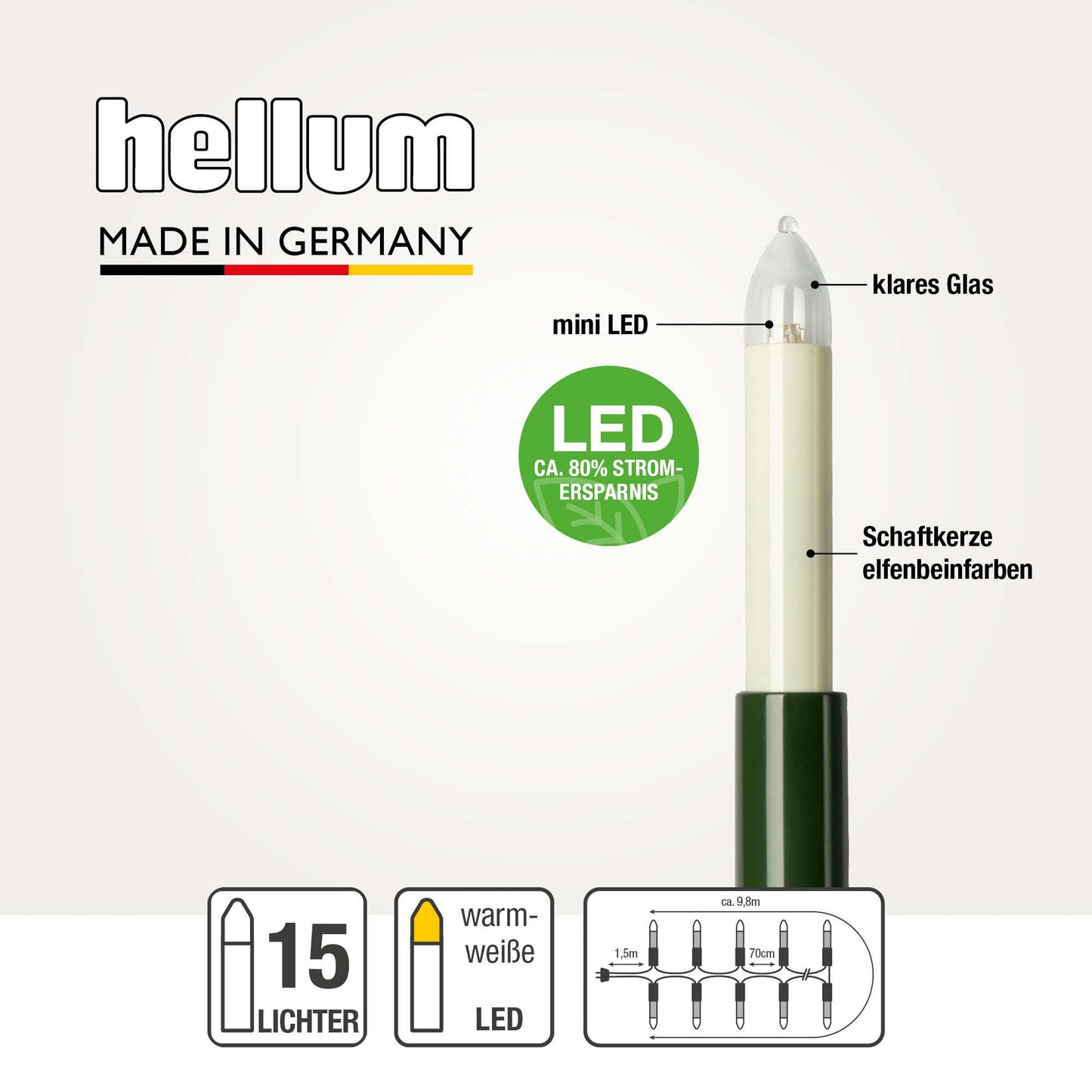 LED Lichterkette Weihnachtsbaum innen 15 teilig, Made in Germany, Schaftkerzen