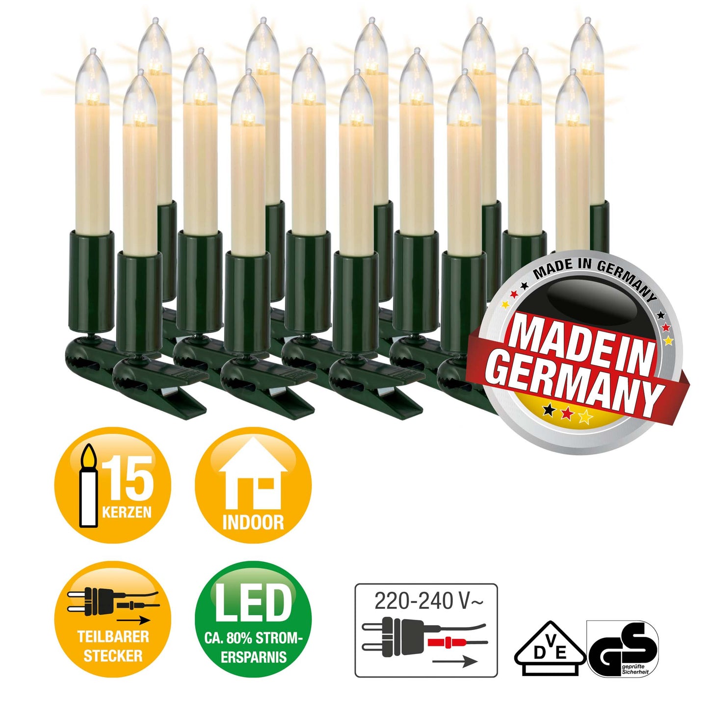 LED Schaftkerzenkette, 15 LEDs ww, für innen, teilbarer Stecker