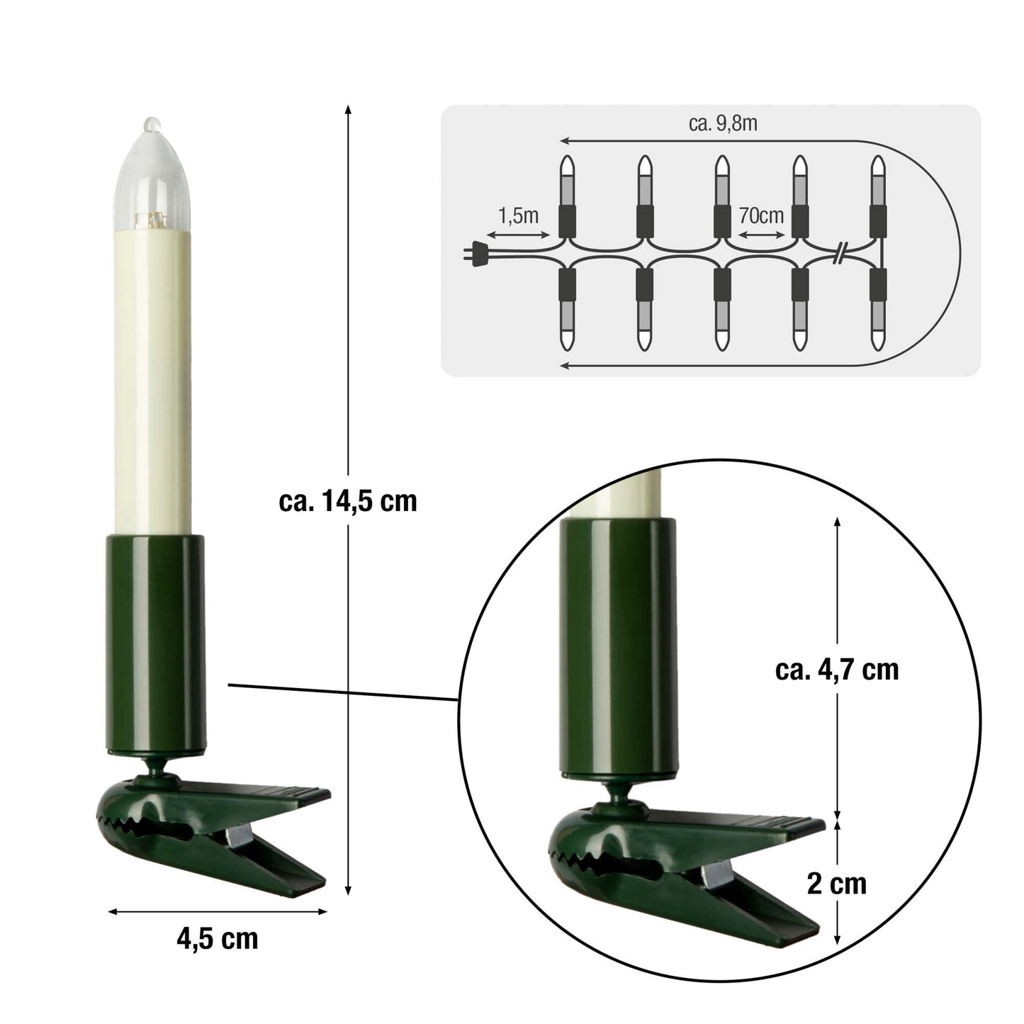 LED Schaftkerzenkette, 15 LEDs ww, für innen, teilbarer Stecker