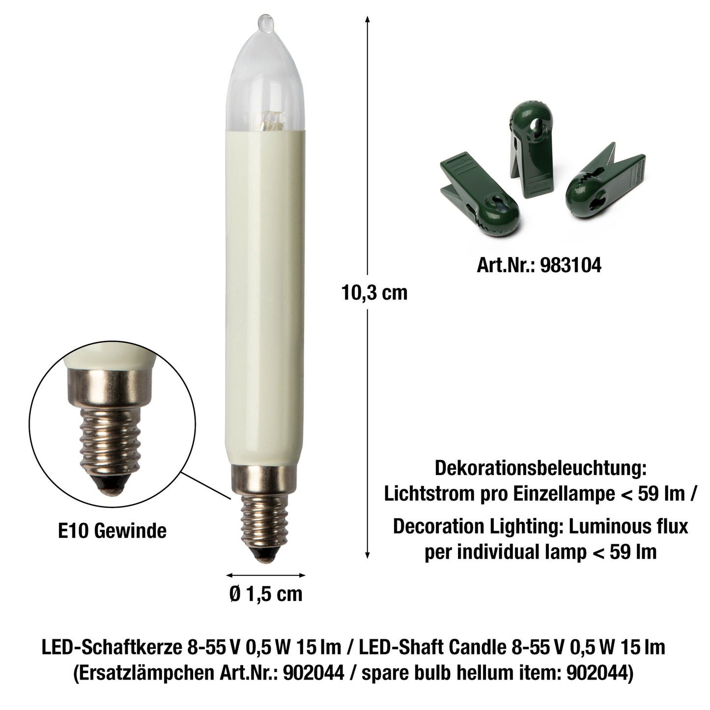 LED Schaftkerzenkette, 15 LEDs ww, für innen, teilbarer Stecker