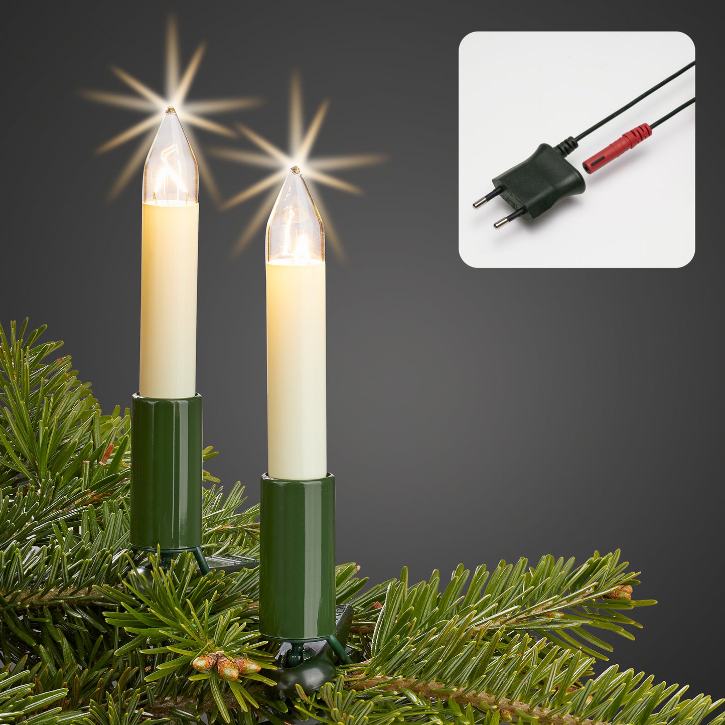 20-tlg. Schaftkerzenkette, klare Lampen, für innen, teilb. Stecker