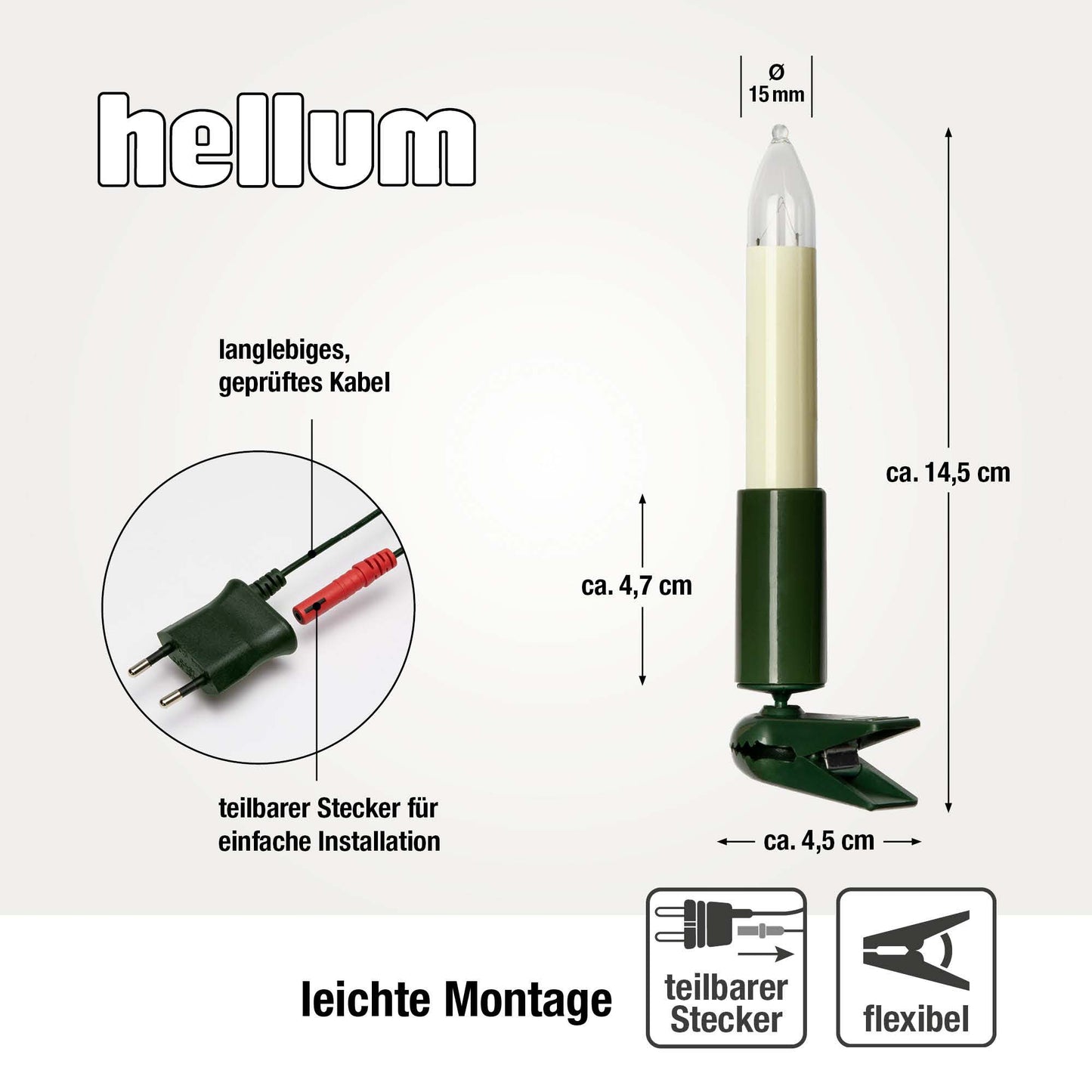 20-tlg. Schaftkerzenkette, klare Lampen, für innen, teilb. Stecker