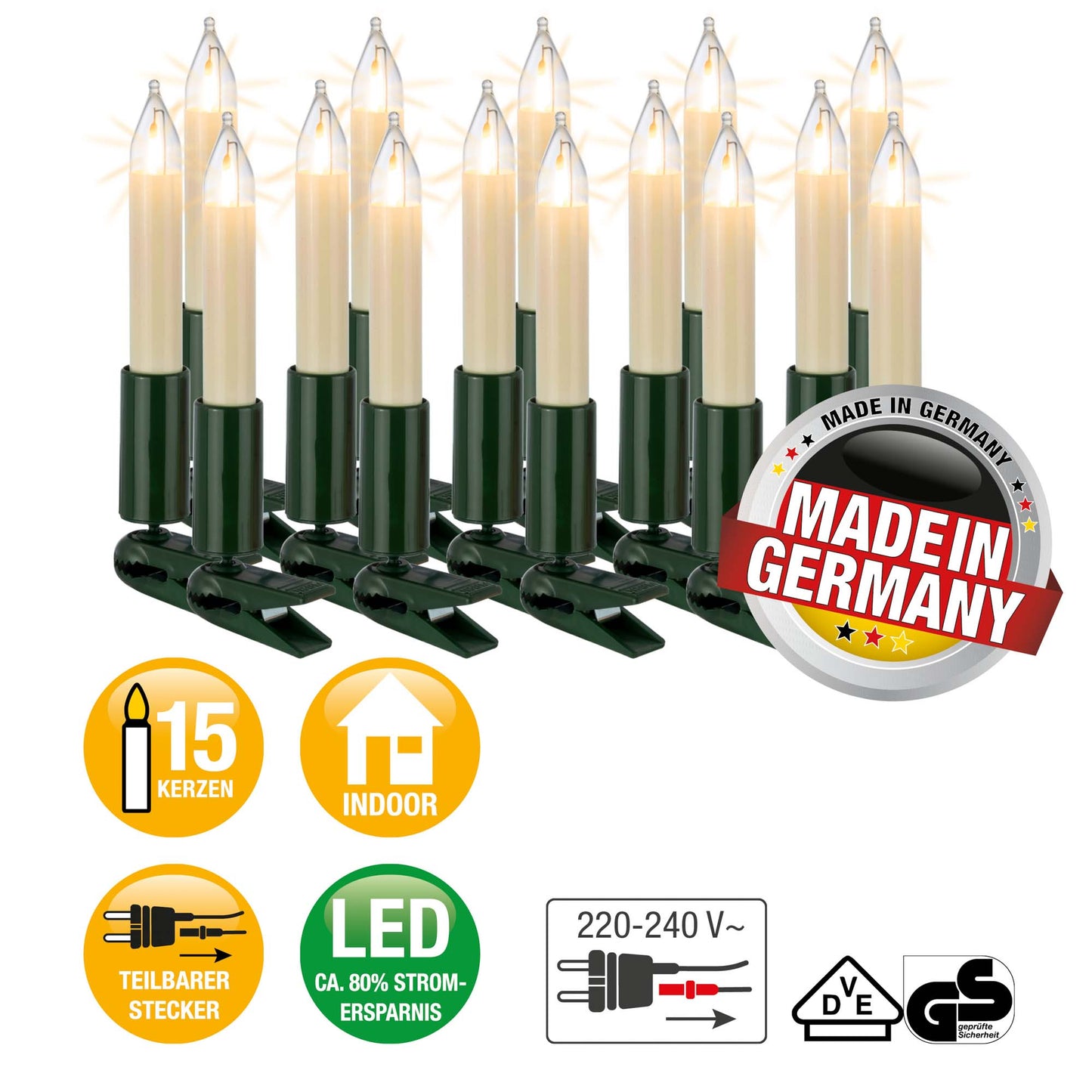 LED-Filament Schaftkerzenkette 15 LEDs ww, für innen, teilbarer Stecker