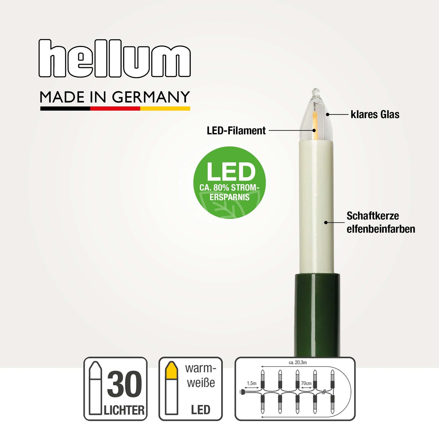Lichterkette Weihnachtsbaum LED Filament, innen 30 teilig, Made in Germany, Schaftkerzen