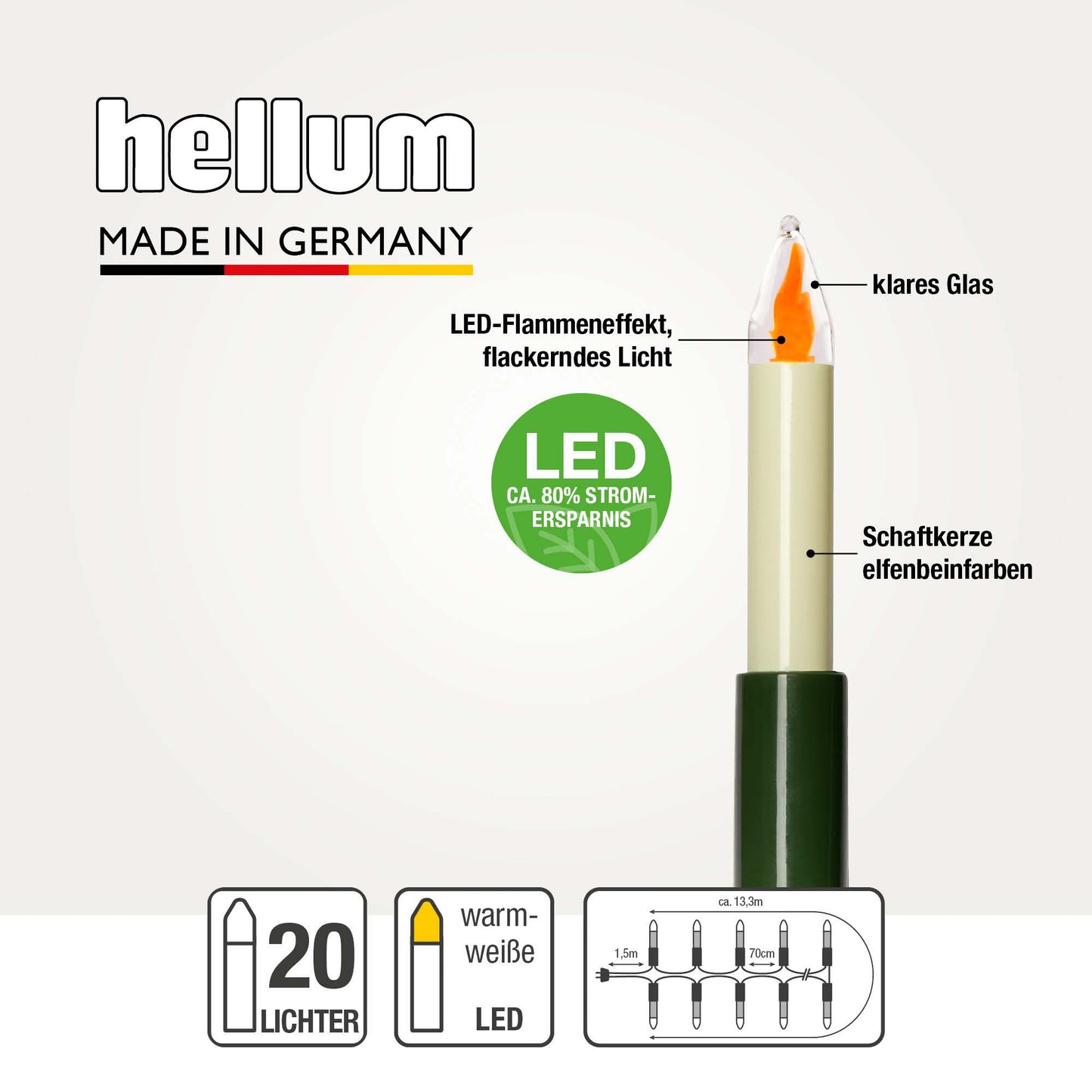 Lichterkette Weihnachtsbaum LED Filament mit Flammeneffekt, innen 20 teilig, Made in Germany, Schaftkerzen