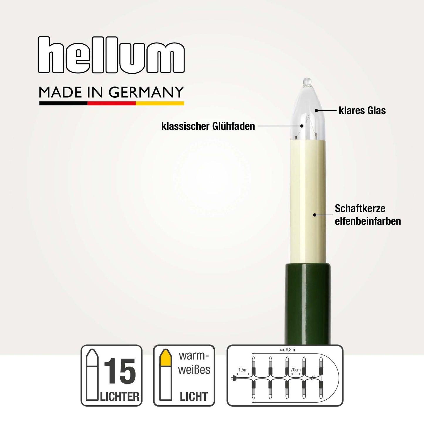 Lichterkette Weihnachtsbaum innen 15 teilig, Made in Germany, Schaftkerzen, Glühfaden