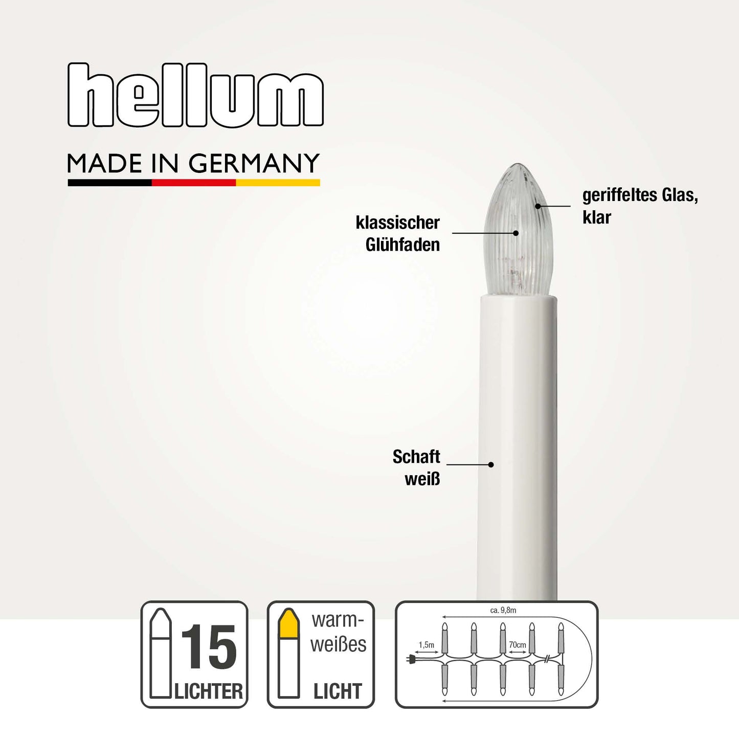 Lichterkette Weihnachtsbaum innen 15 teilig, Made in Germany, Riffelkerzen, Glühfaden