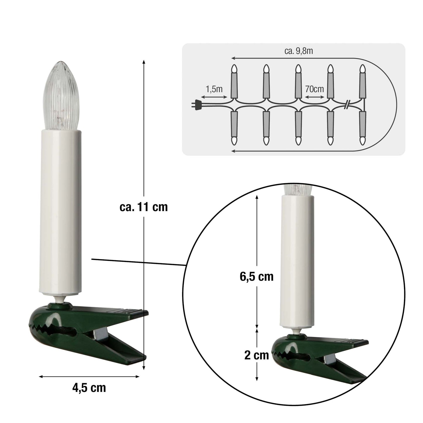 Riffelkerzenkette, 15 Lampen klar, für innen, teilbarer Stecker