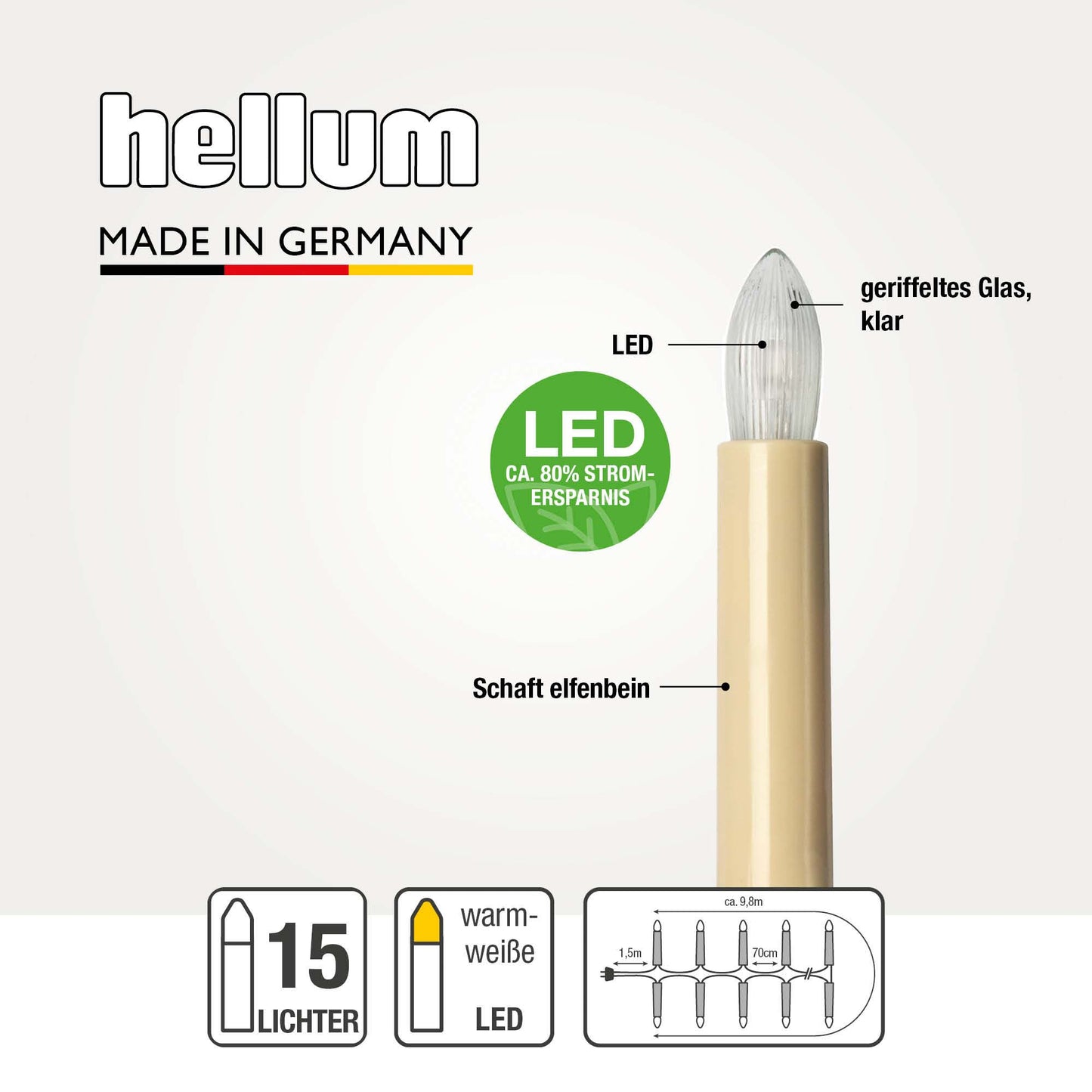 LED Lichterkette Weihnachtsbaum innen 15 teilig, Made in Germany, Riffelkerzen