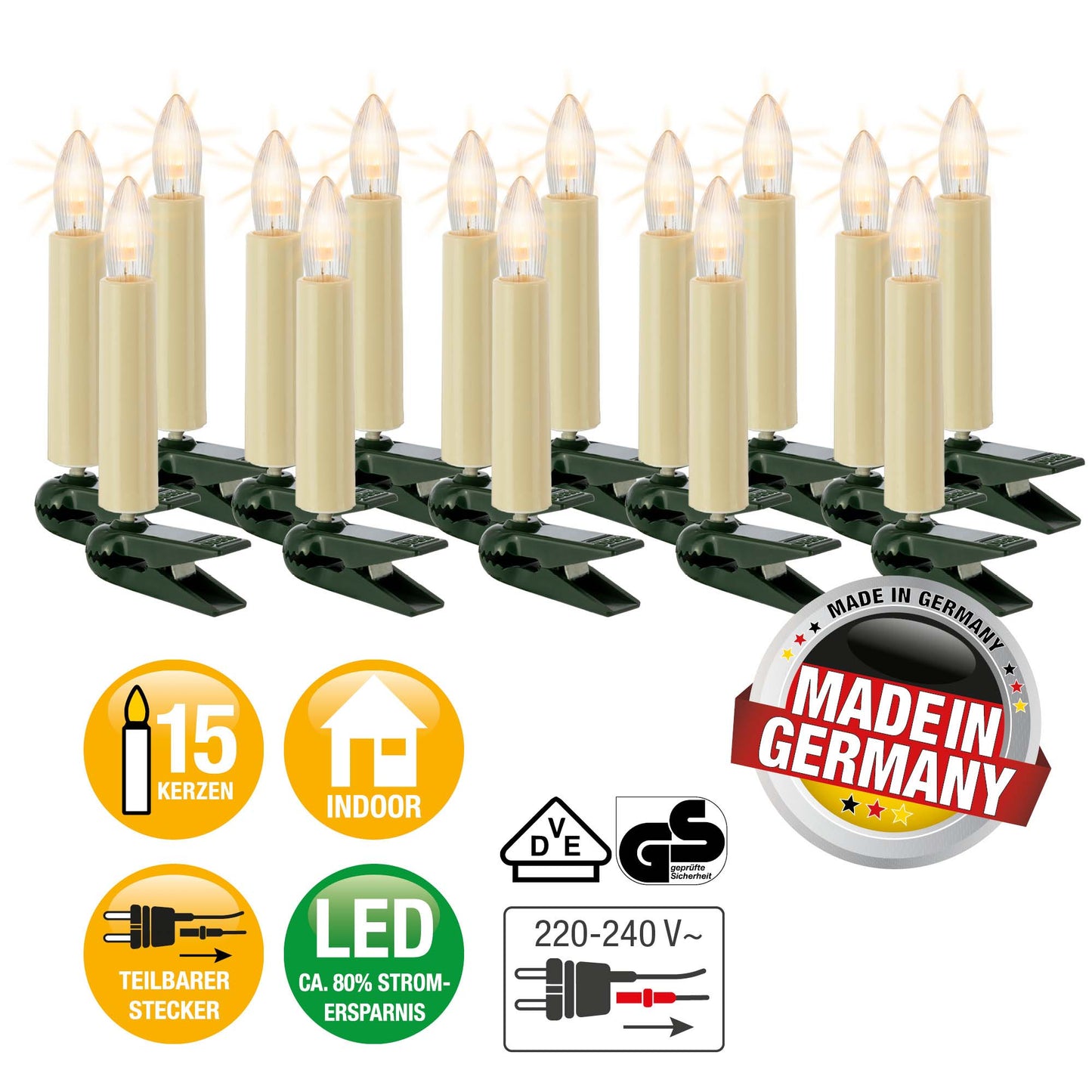 LED-Lichterkette elfenbein/klar, 15 LEDs ww, für innen, teilbarer Stecker