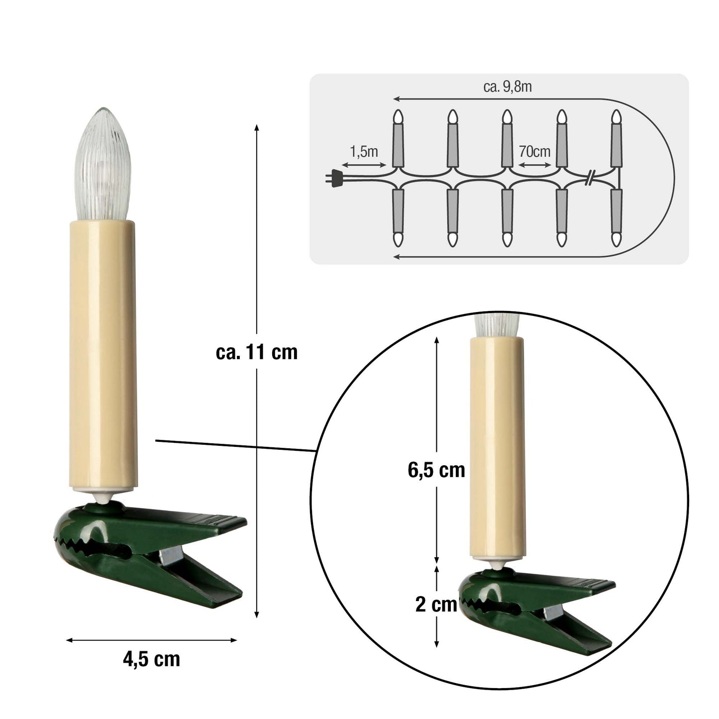 LED-Lichterkette elfenbein/klar, 15 LEDs ww, für innen, teilbarer Stecker