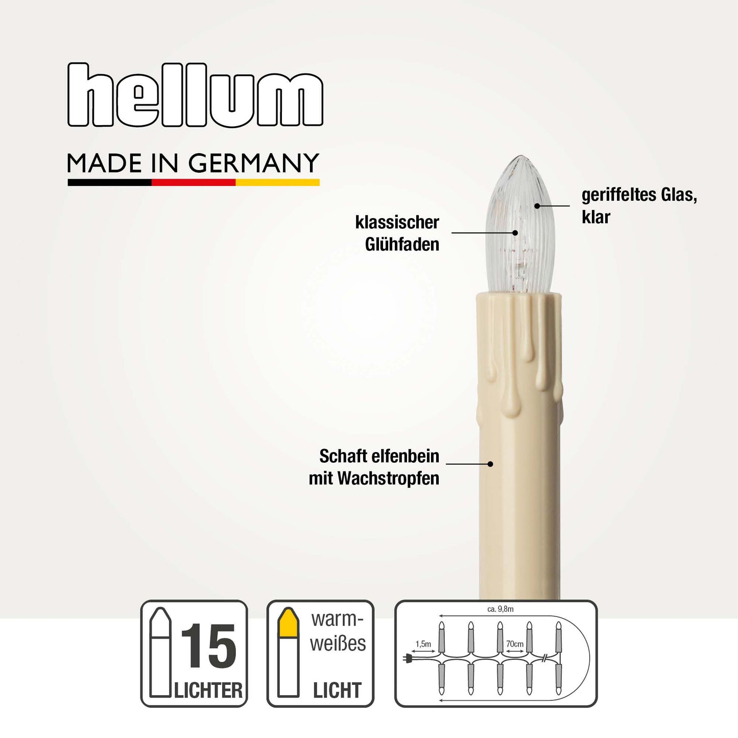 Lichterkette Weihnachtsbaum innen 15 teilig, Made in Germany, Riffelkerzen, mit Wachstropfen, Glühfaden