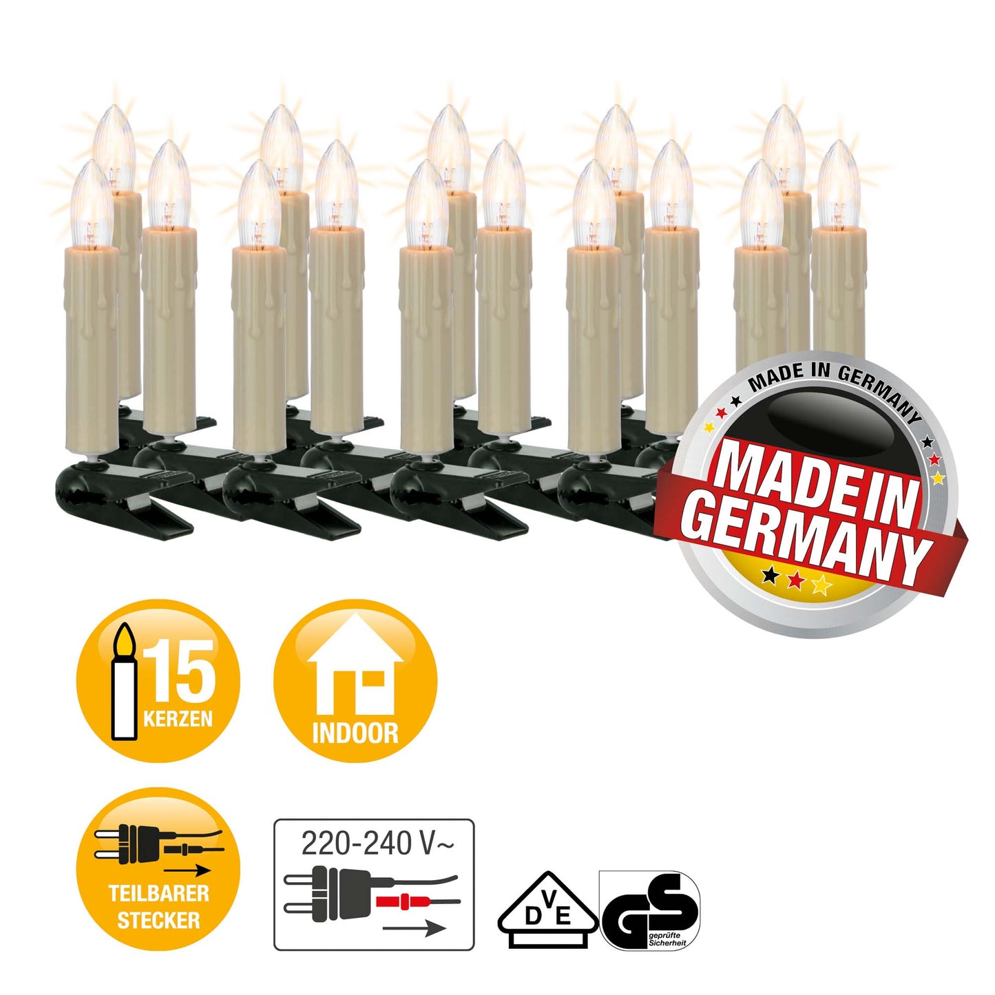 15-tlg. Riffelkerzenkette, Schaft mit Tropfen, klare Lampen, für innen, teilb. Stecker_811575 mit 3x Ersatzkerzen