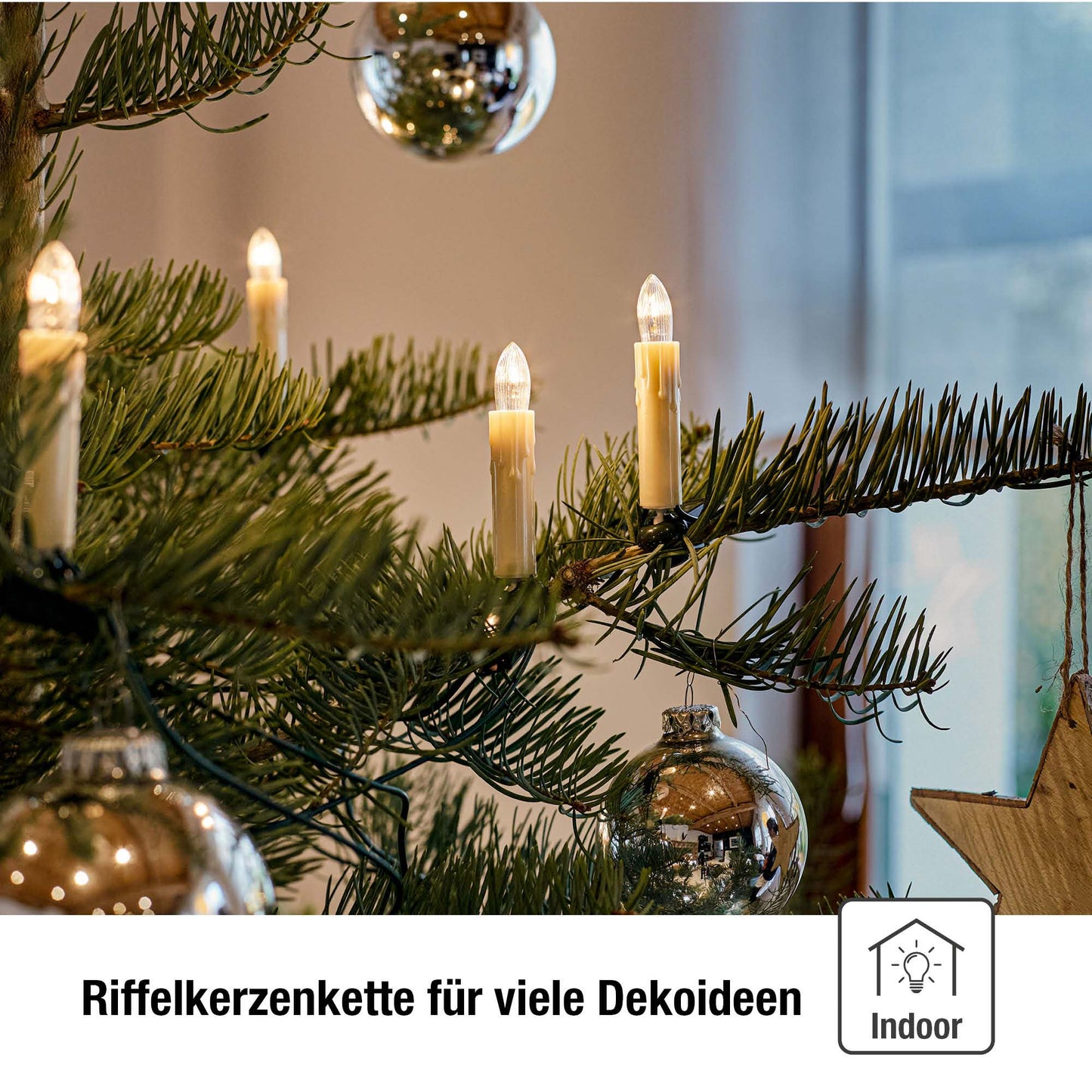 Lichterkette Weihnachtsbaum innen 15 teilig, Made in Germany, Riffelkerzen, mit Wachstropfen, Glühfaden