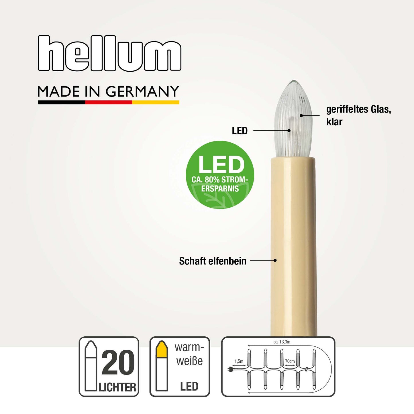 LED Lichterkette Weihnachtsbaum innen 20 teilig, Made in Germany, Riffelkerzen