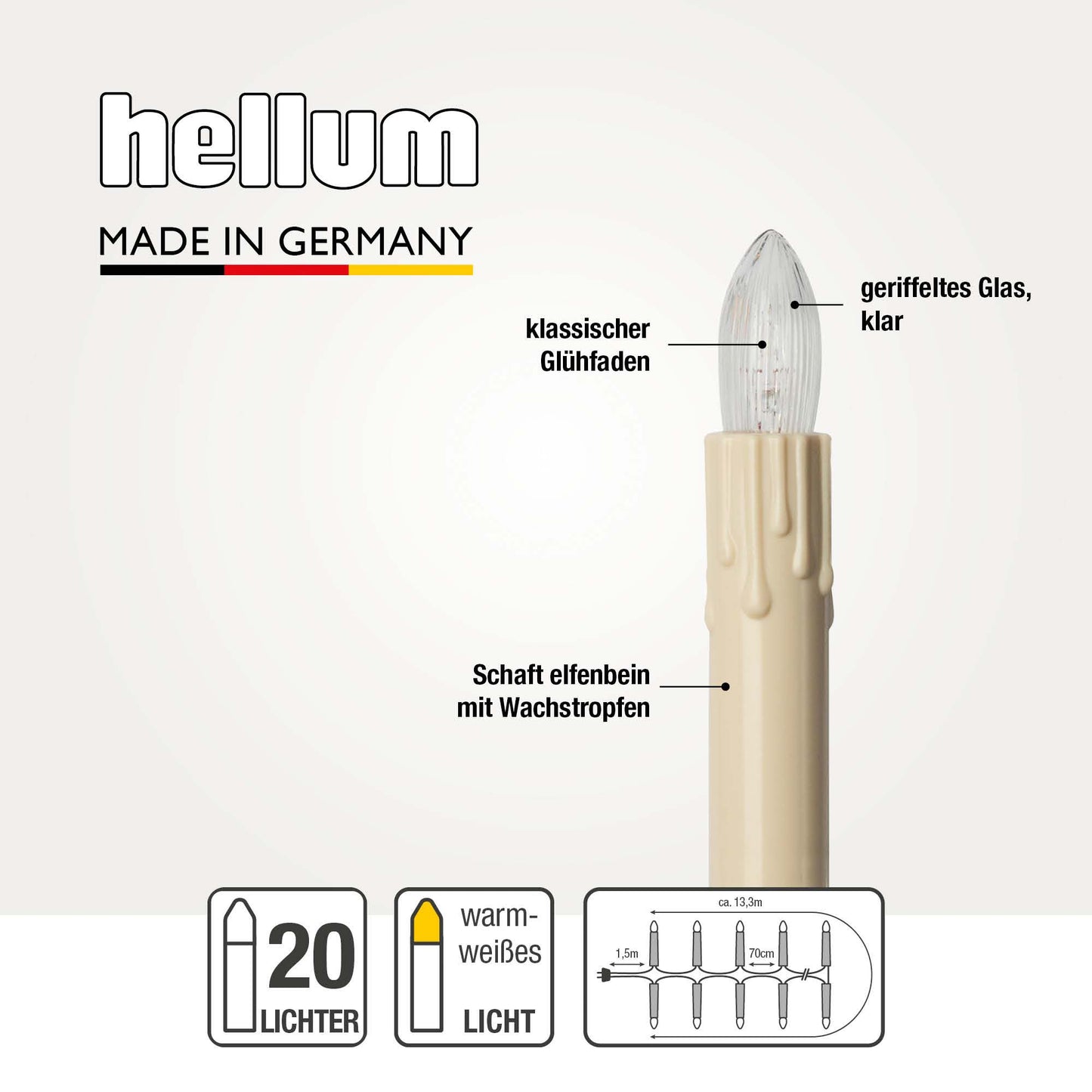 Lichterkette Weihnachtsbaum innen 20 teilig, Made in Germany, Riffelkerzen, mit Wachstropfen, Glühfaden